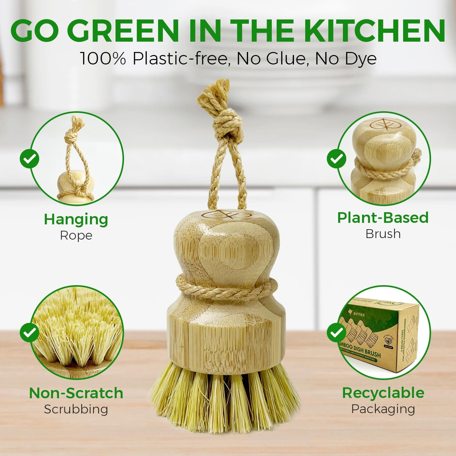 Bamboo Dish Brush Set of 3 – Natural Wooden Dish Scrubber w/Medium Stiff Sisa…