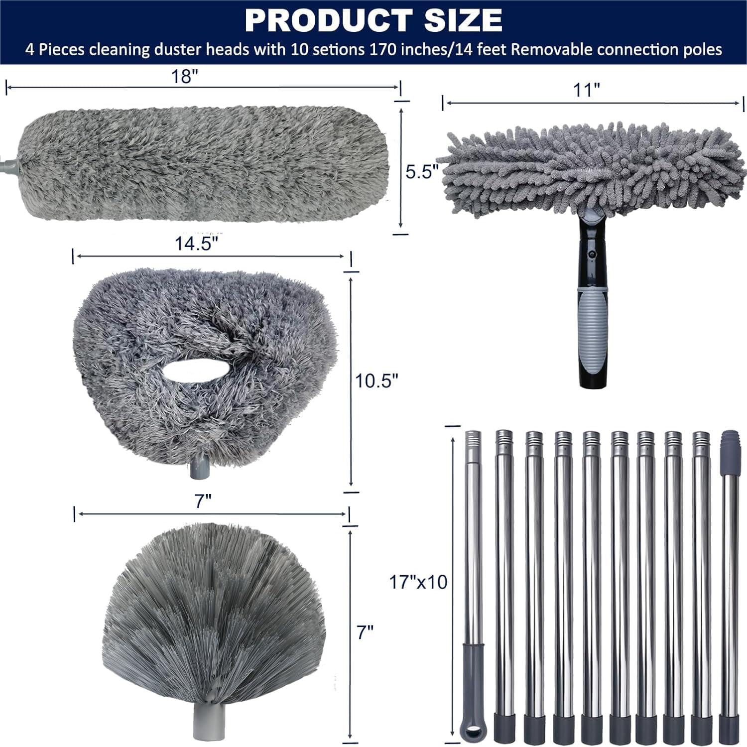 4 Pack 20+ Feet High Reach Dusting Kit with 3-14 Ft Spliceable Pole //2 in 1 Win