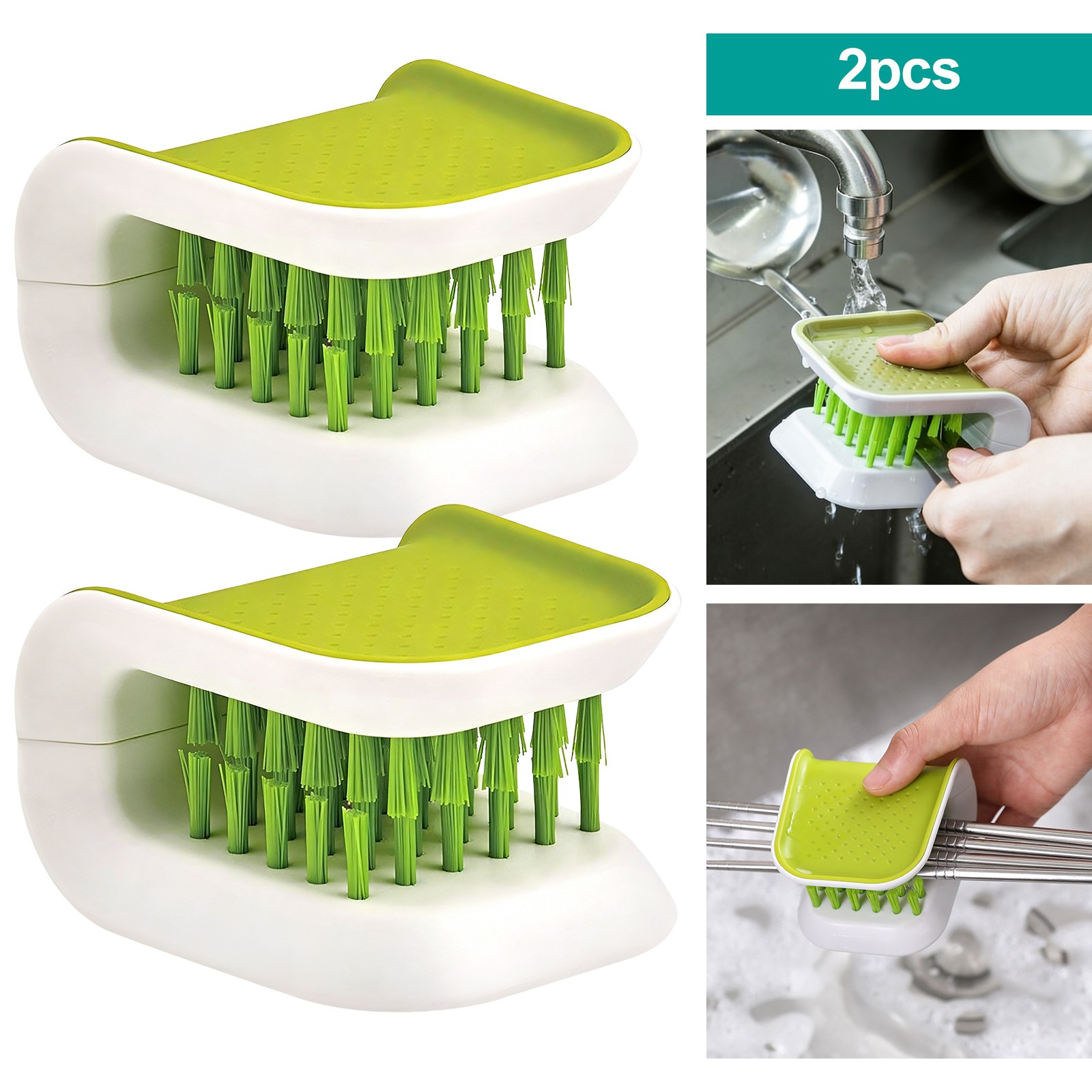 2X Blade Brush Knife Cutlery Cleaner Double-Sided Bristle Scrubber Non-Slip Grip