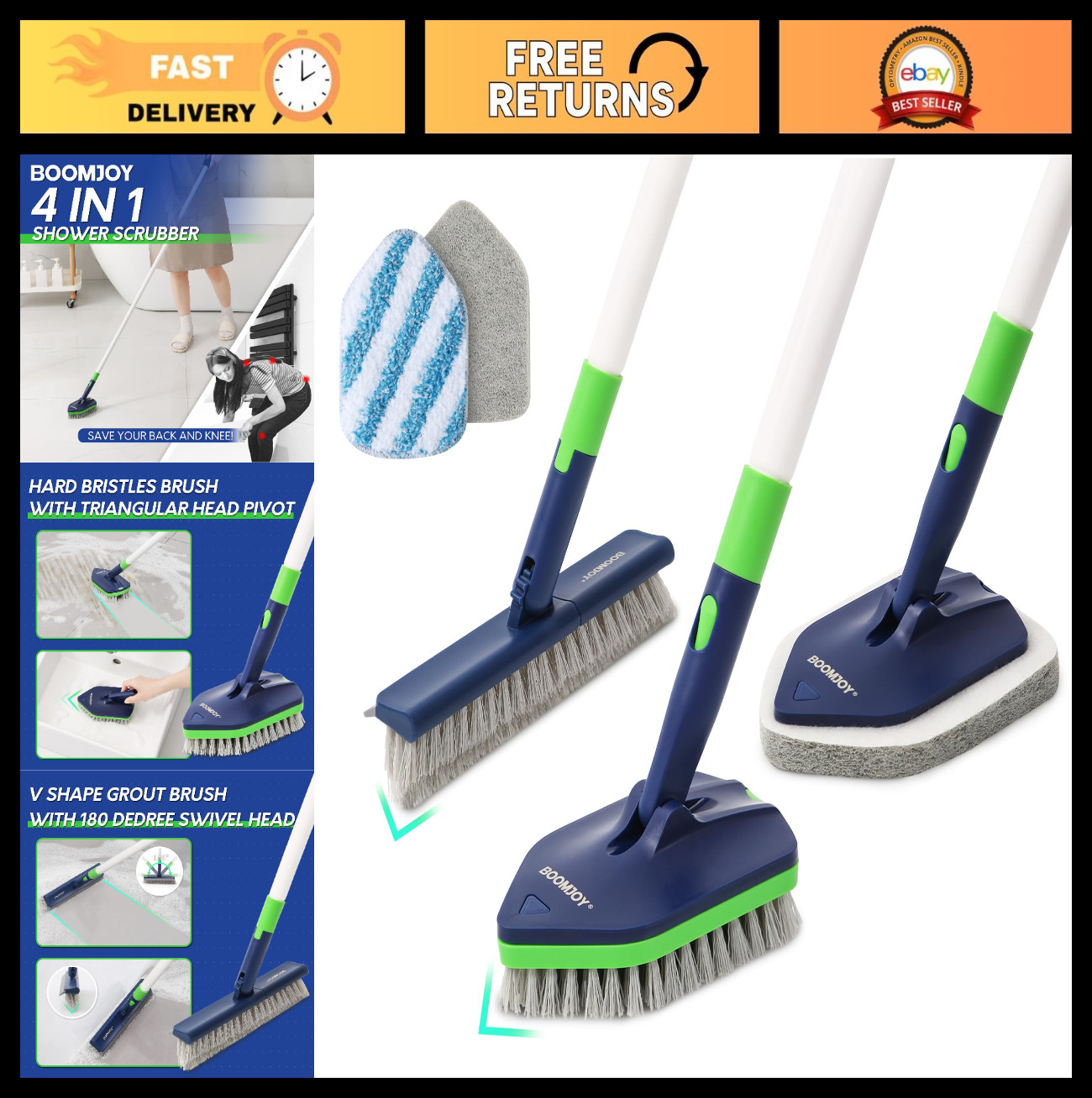 4-in-1 Extendable Shower Cleaning Brush Set – 58″ Tub & Tile Scrubber, Grout Bru
