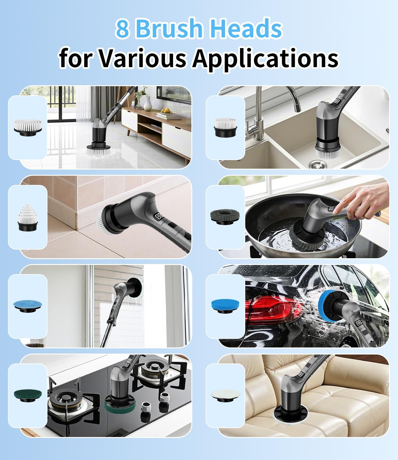 Electric Spin Scrubber with 3 Speed, Adjustable Extension Handle, 8 Brush Hea…