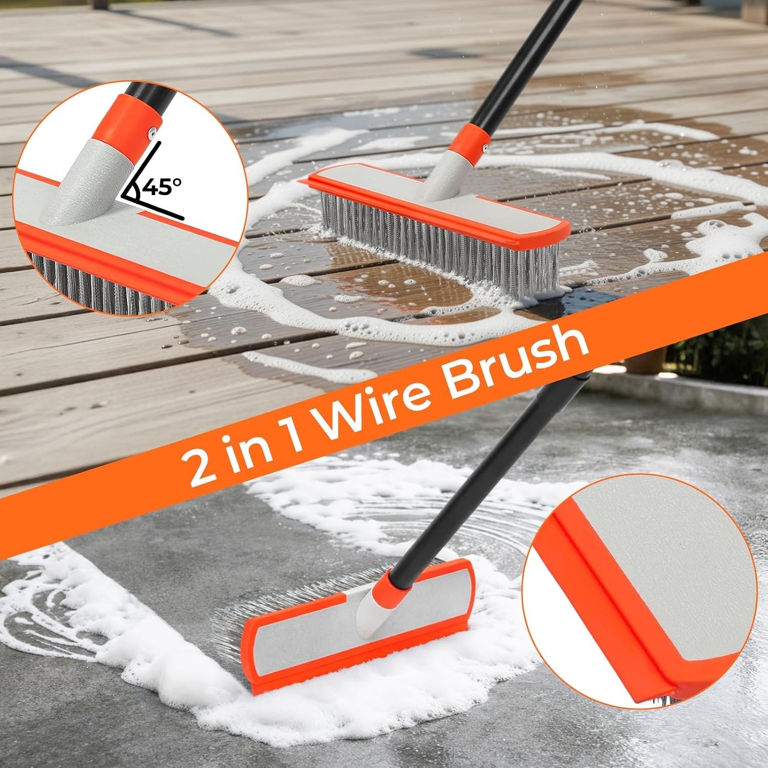 Stainless Steel Concrete Brush with Long Handle – Heavy Duty Deck Brush for C…