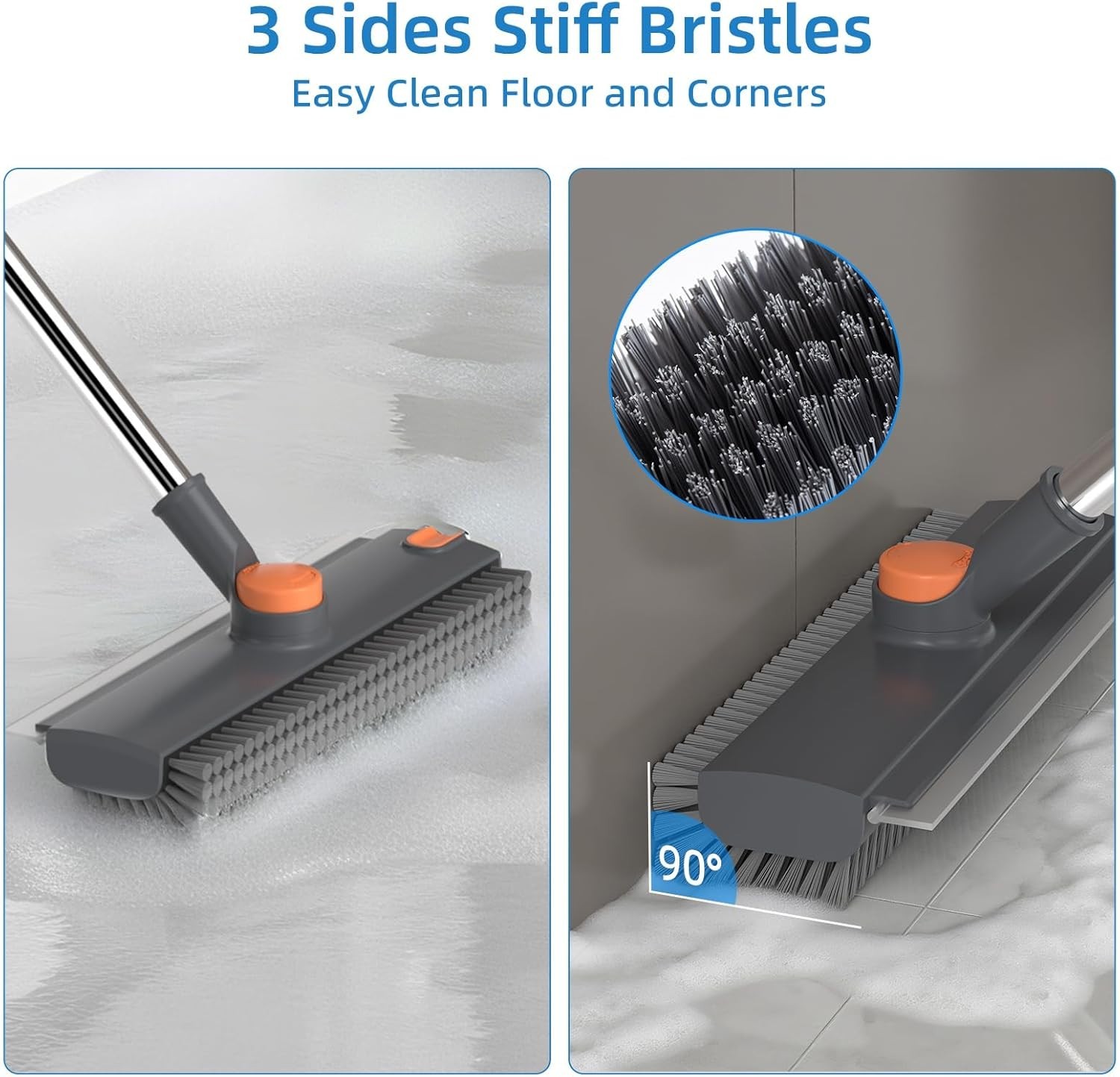 Floor Scrub Brush Squeegee Broom with Long Handle 3 in 1 Cleaning Tool