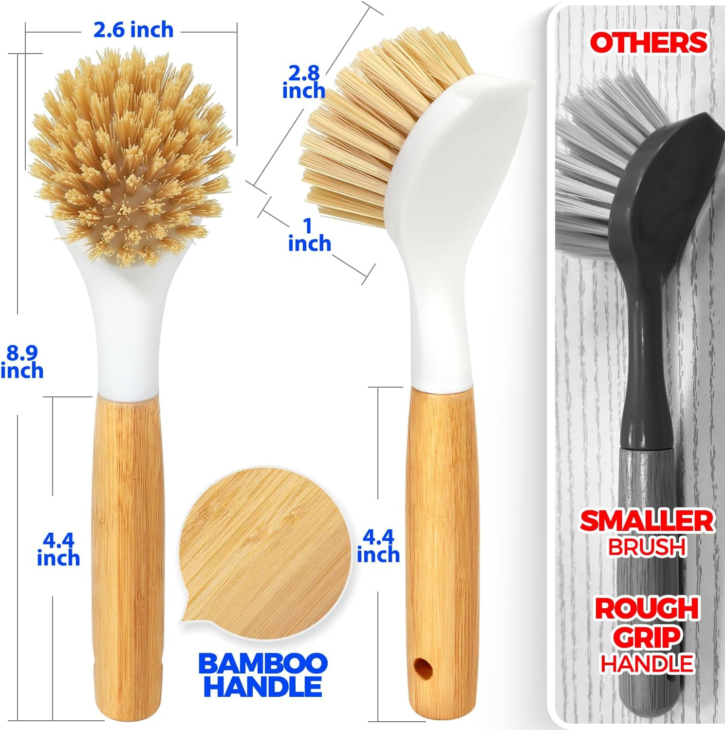 3 Pack Dish Brush Set with Bamboo Handle, Kitchen Cleaner for Cleaning Pot, Pan,