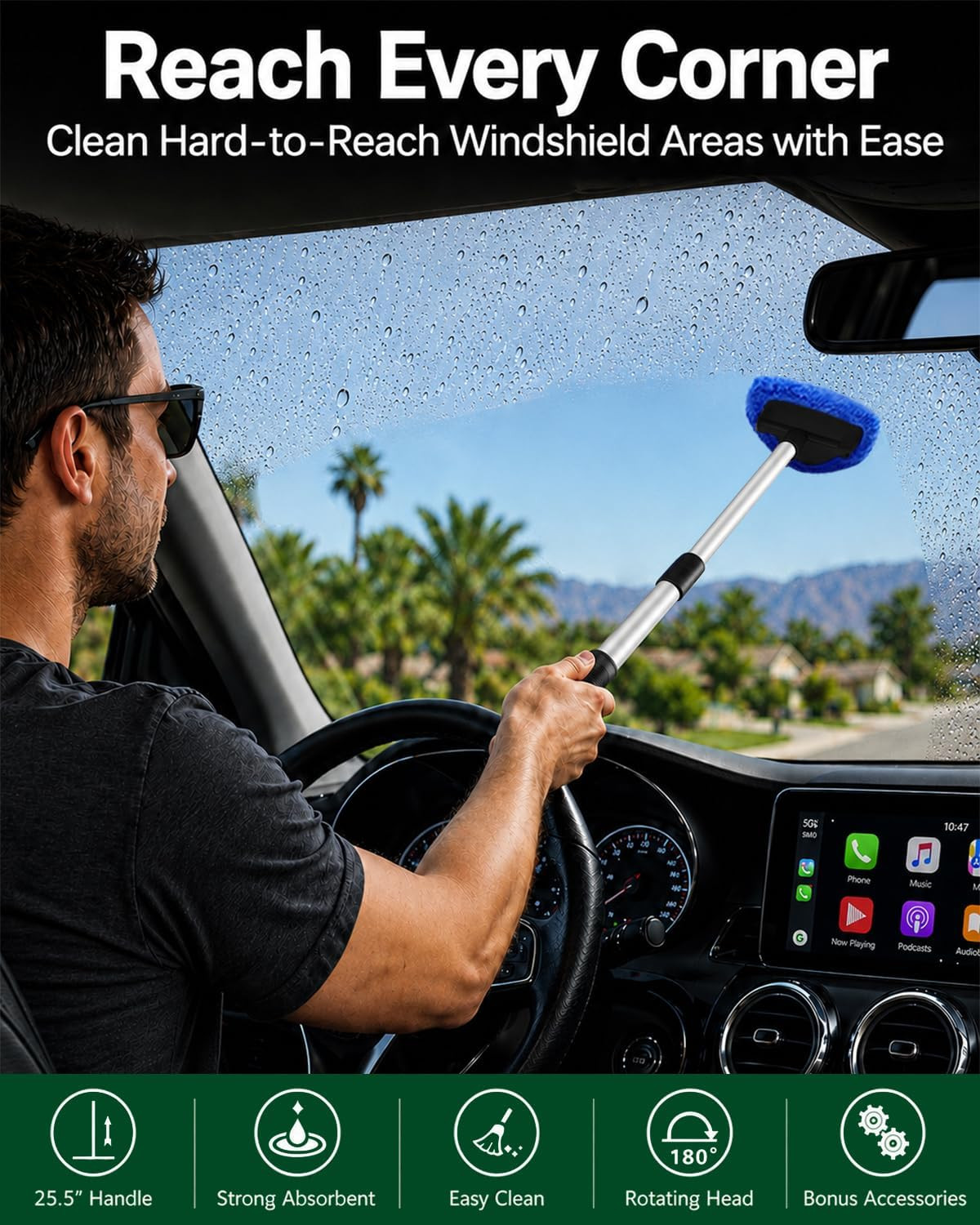 25.5″ Extra-Long Reach – Super Absorbent Coral Velvet Windshield Cleaner Tool, S