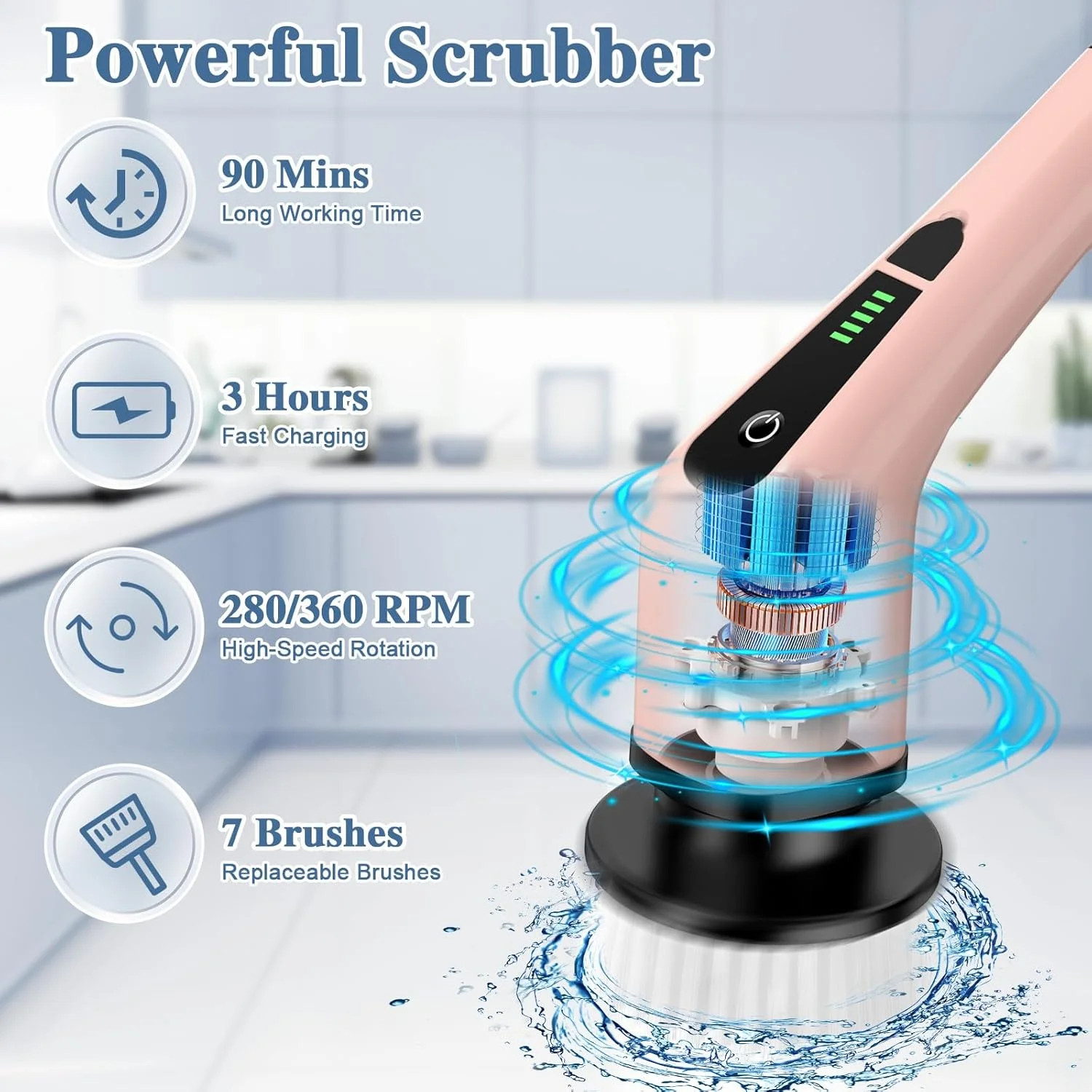 Electric Spin Scrubber, Bathroom Cleaning Brush, Pink Power Shower Scrubber with
