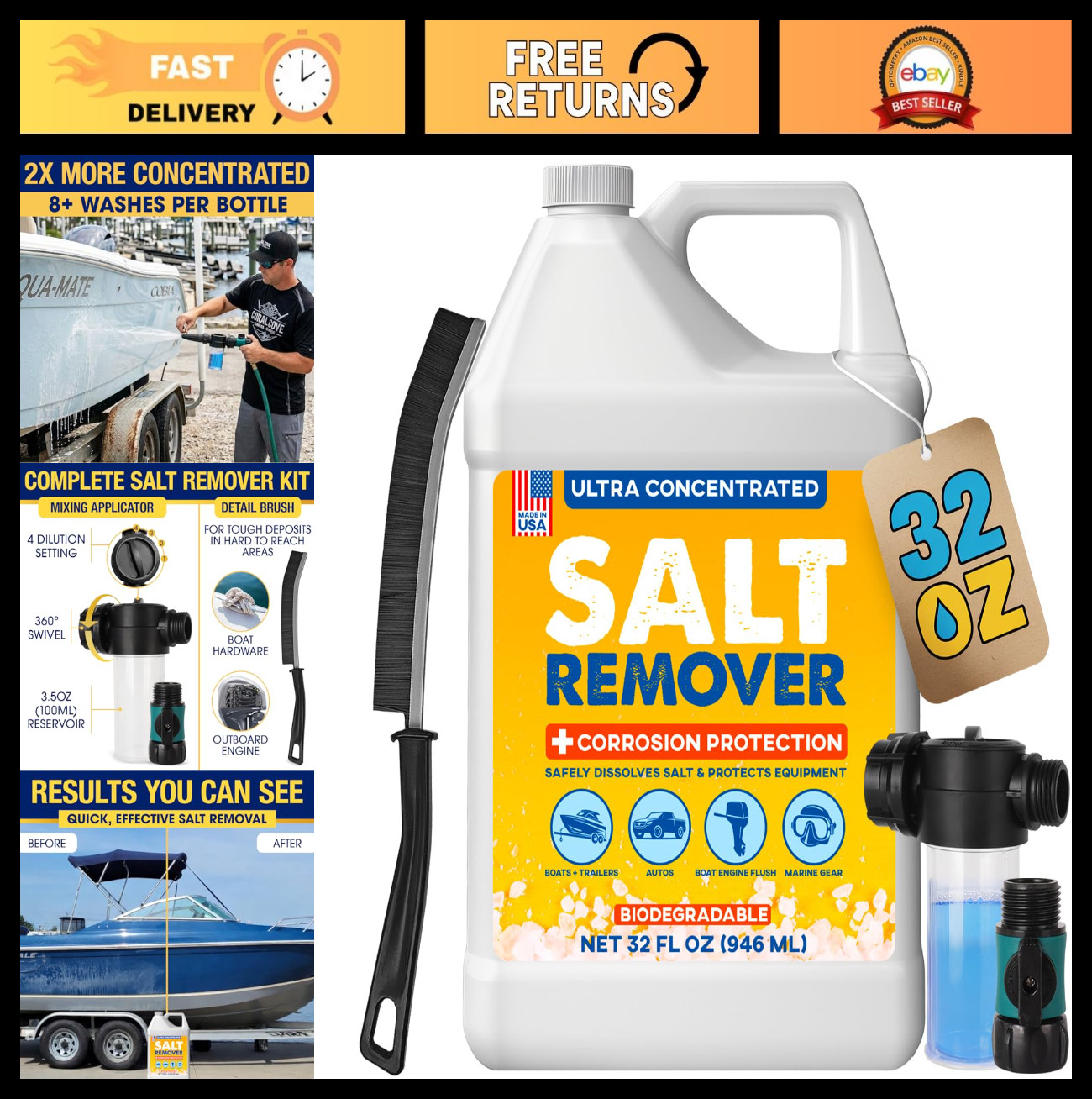 Concentrated Salt Remover & Corrosion Protection – 32 Oz Cleaner for Boats, Cars
