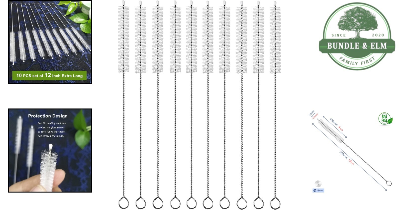 Long Straw Cleaning Brushes, 12 Inches with Durable Nylon Bristles, 10 Pack
