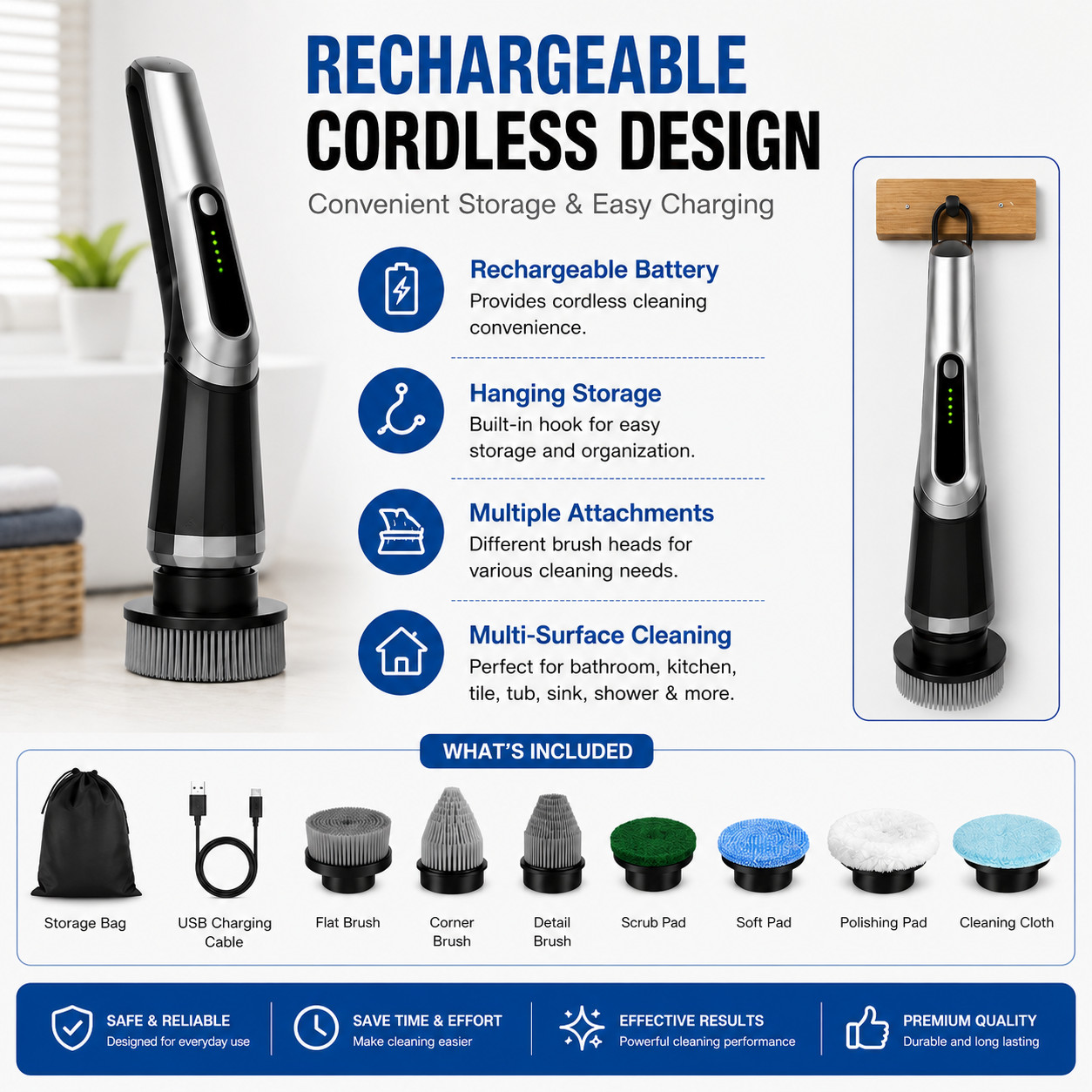 Electric Spin Scrubber Cordless Shower Cleaner 12-in-1 Long Handle