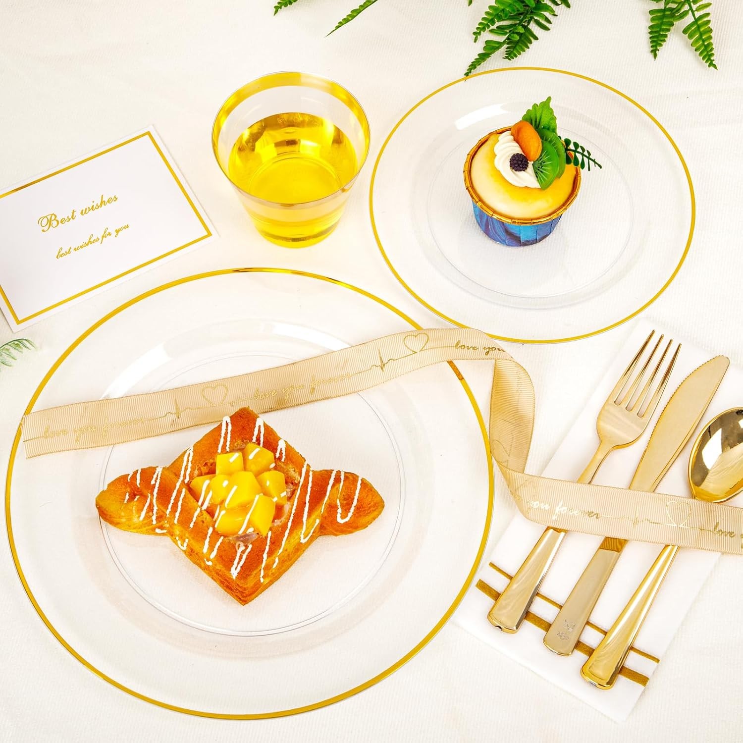 SUT 350Pcs Plastic Dinnerware Set for 50 Guests, Clear and Gold Plastic Plates