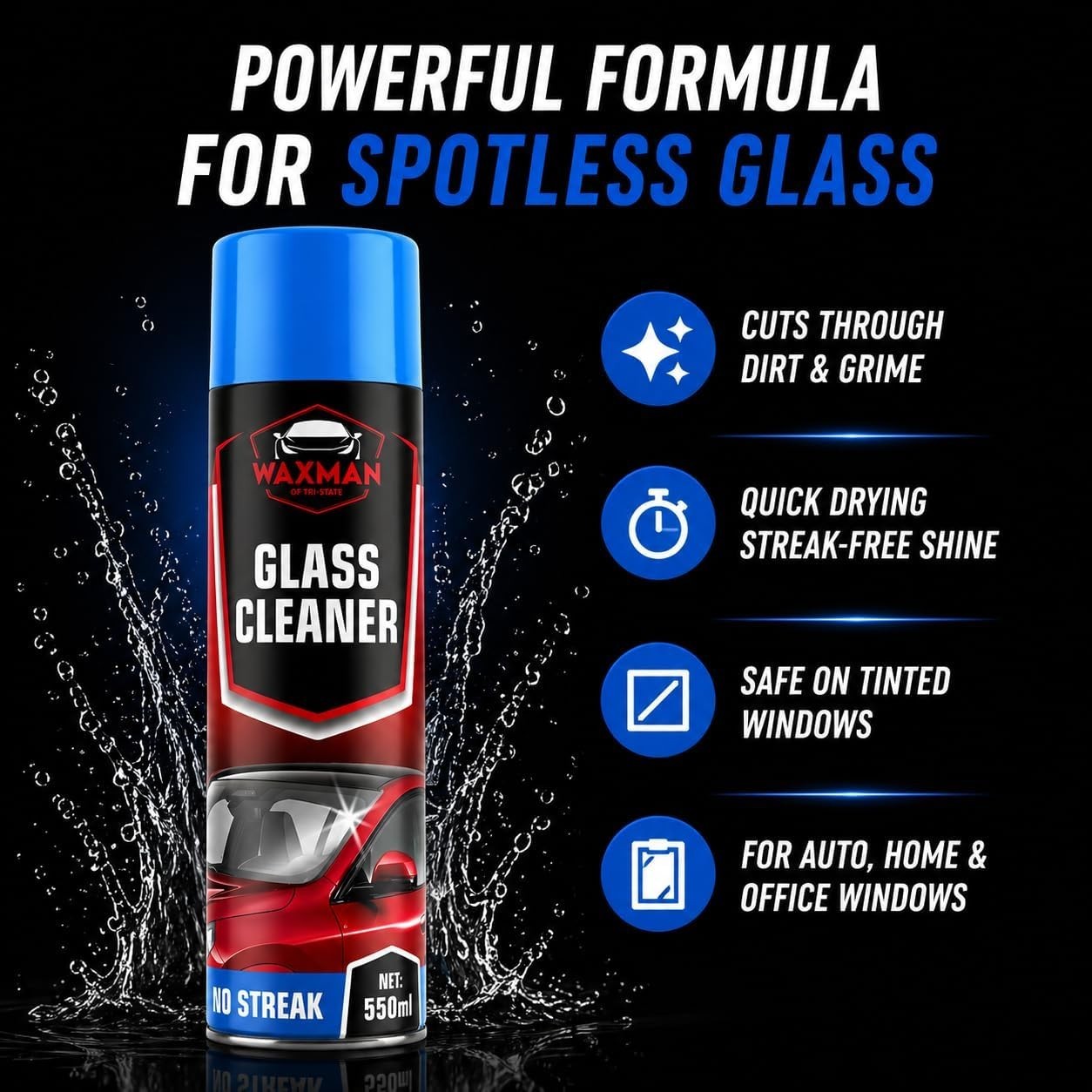 New Car Glass Cleaner Foam 18.6 Oz Streak Free Window Windshield Cleaning Spray