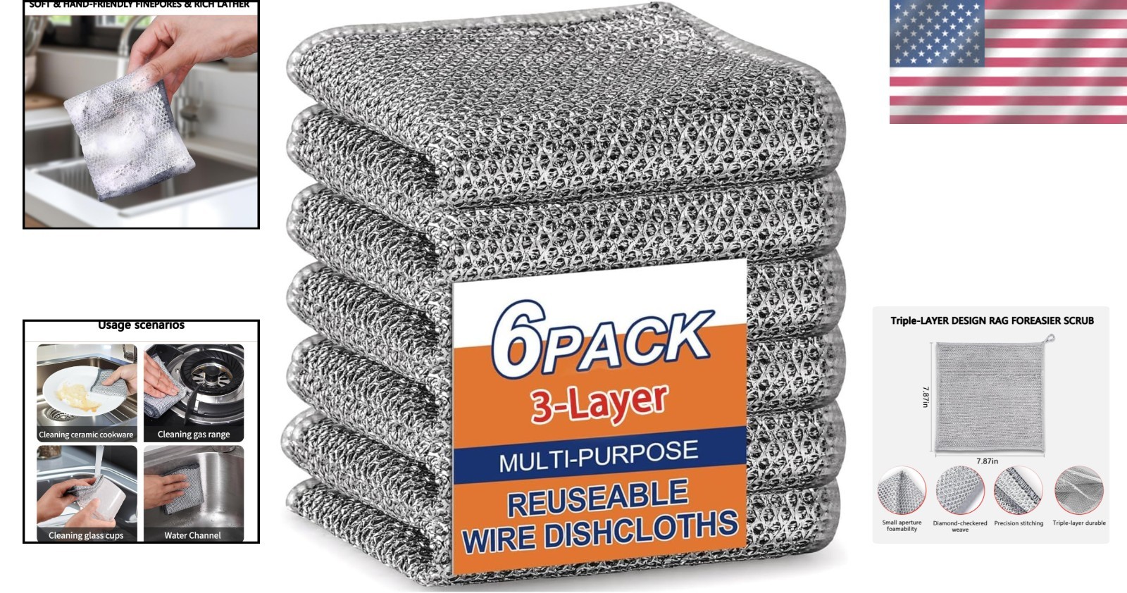 Odor-Free 3-Layer Stainless Steel Scouring Pad – 6PCS, For Effortless Cleaning