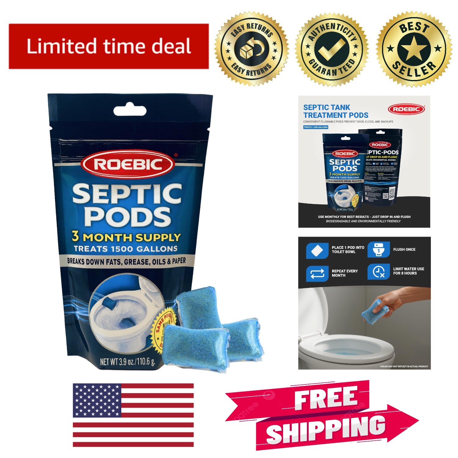 Biodegradable Septic Treatment Pods, 3 Packs for Odor Control & Clog Prevention