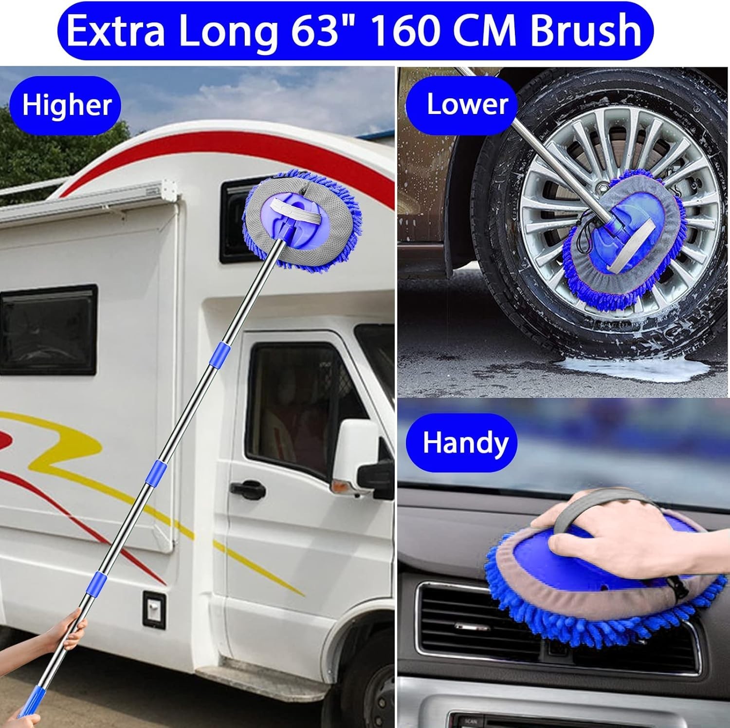 Car Wash Brush Kit – 63″” Long Handle Microfiber Cleaning Brush for Car RV Truck