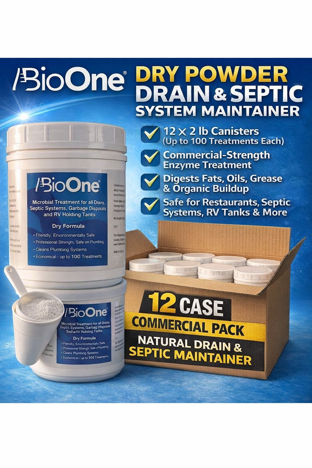 BioOne B1dry Drain & Septic Maintainer 2 lb 12/Case Enzyme Treatment Commercial