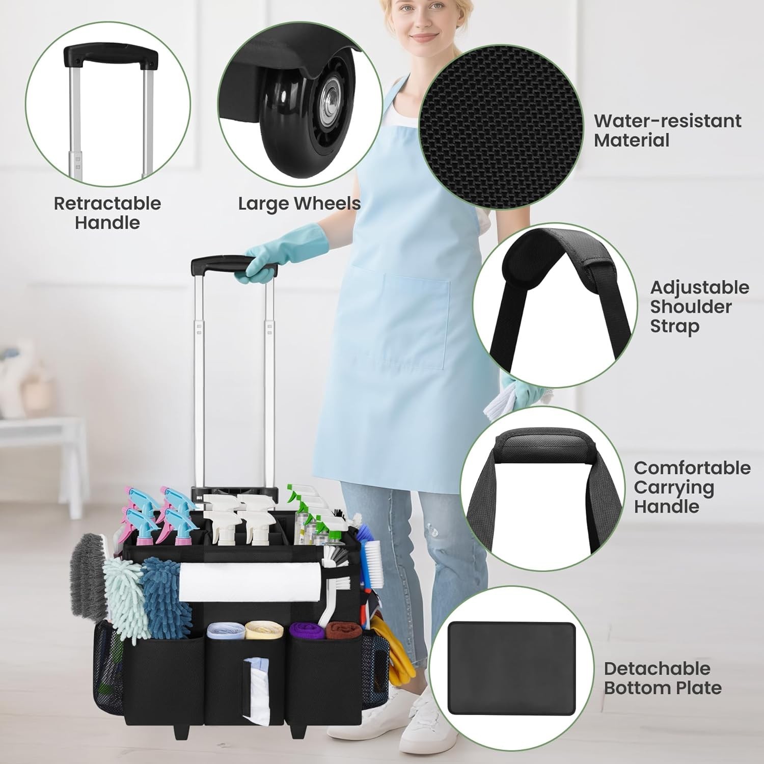 Luxurious Rolling Cleaning Caddy with Detachable Trolley & Water-Resistant Nylon