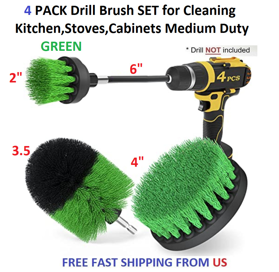 4 PACK Drill Brush SET for Cleaning Kitchen,Stoves,Cabinets Medium Duty GREEN