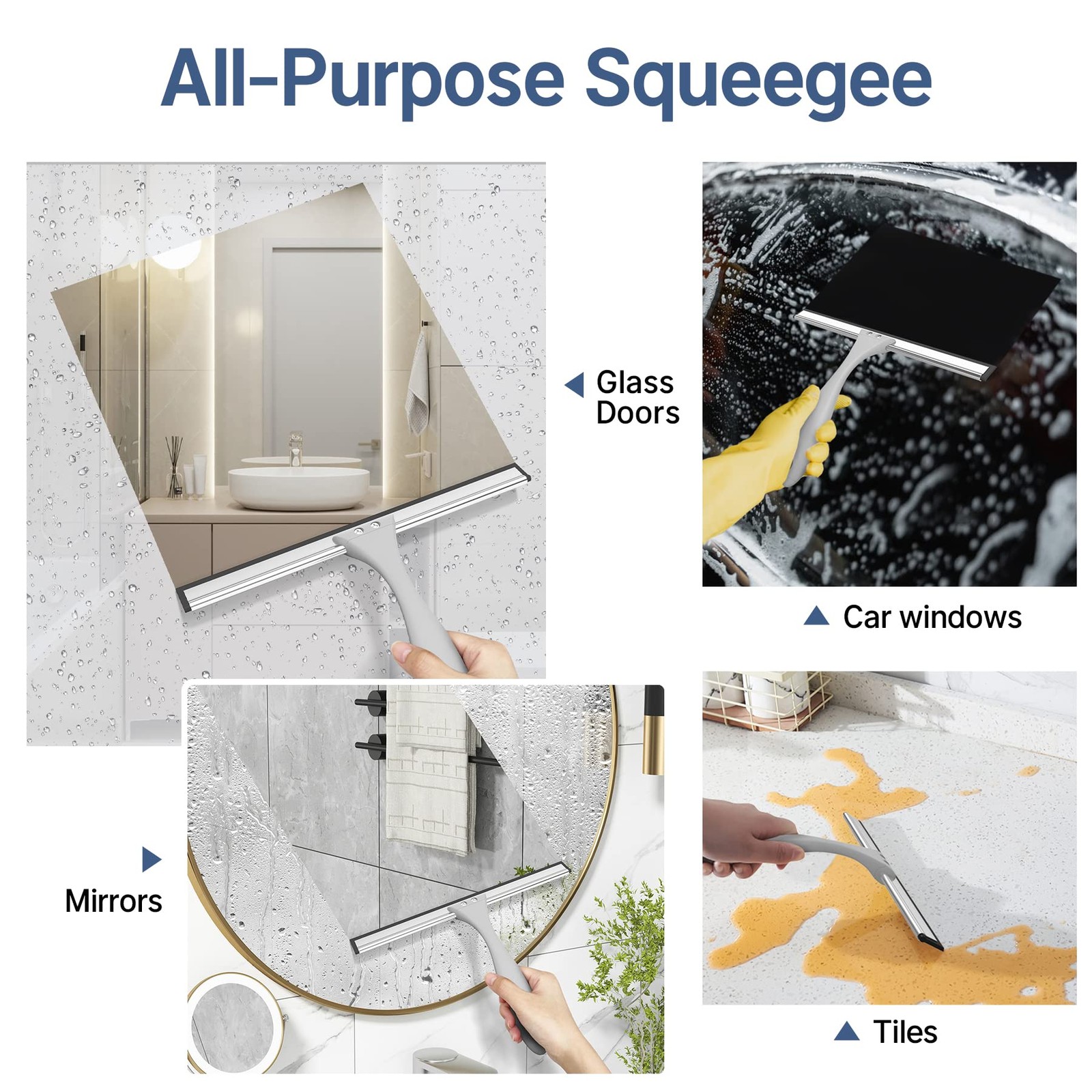 All-Purpose Squeegee with Hook for Shower Doors, Windows, Mirrors, Tiles and Car