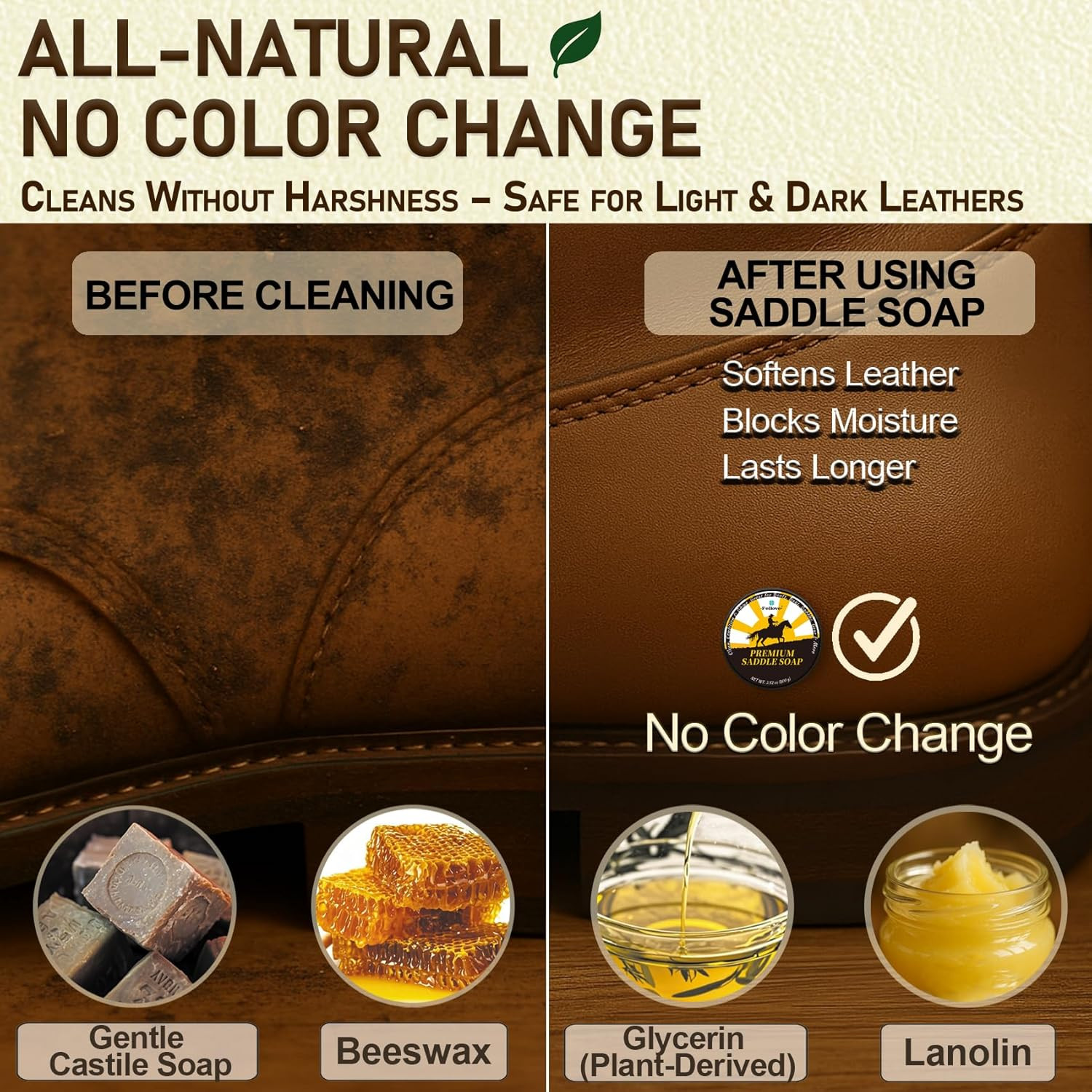 Saddle Soap for Leather – All-Natural 3-In-1 Leather Cleaner & Conditioner Kit w
