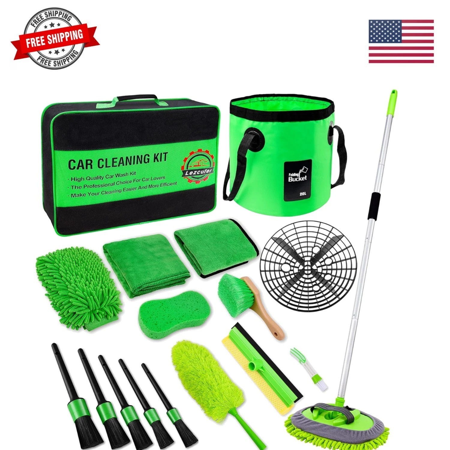 17Pcs Car Wash Kit,62″ Car Wash Brush Mop with Long Handle,Car Cleaning Kit,C…