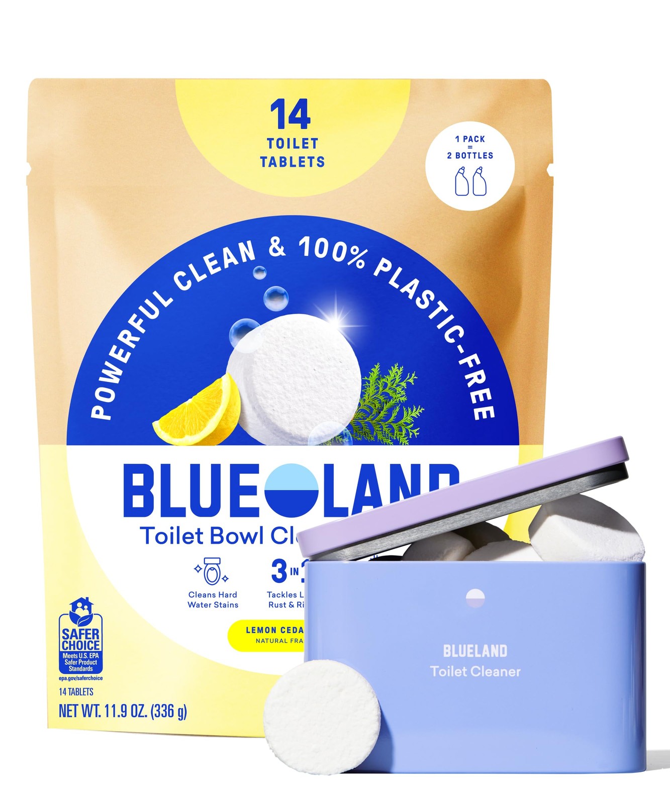 BLUELAND Toilet Bowl Cleaner Tablets, Starter Set, 14 Count with Tin, Lemo