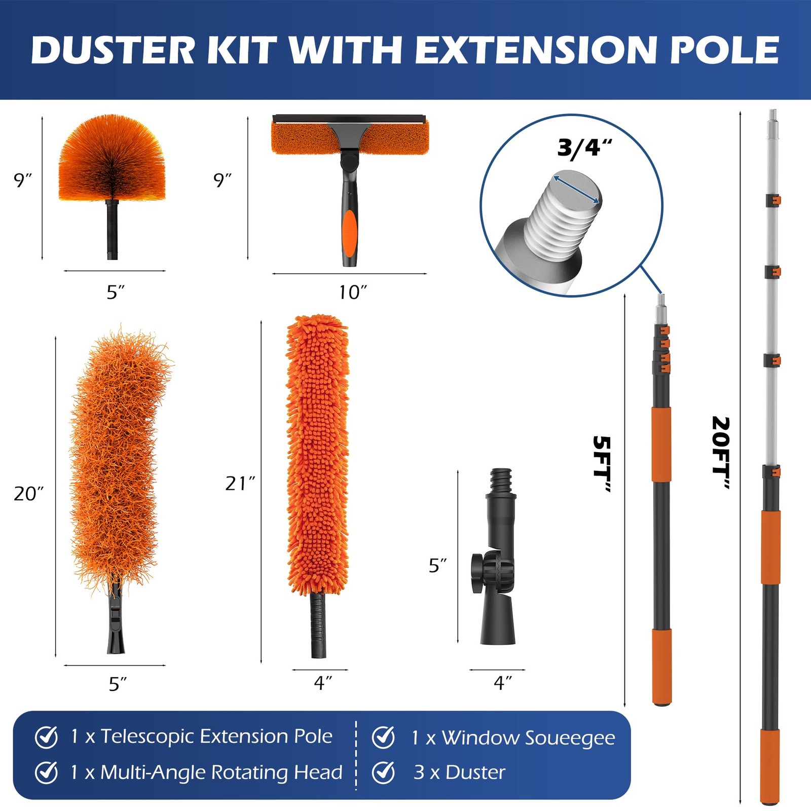 26FT High Reach Duster Kits with 5-20FT Extension Pole Cobweb Telescoping