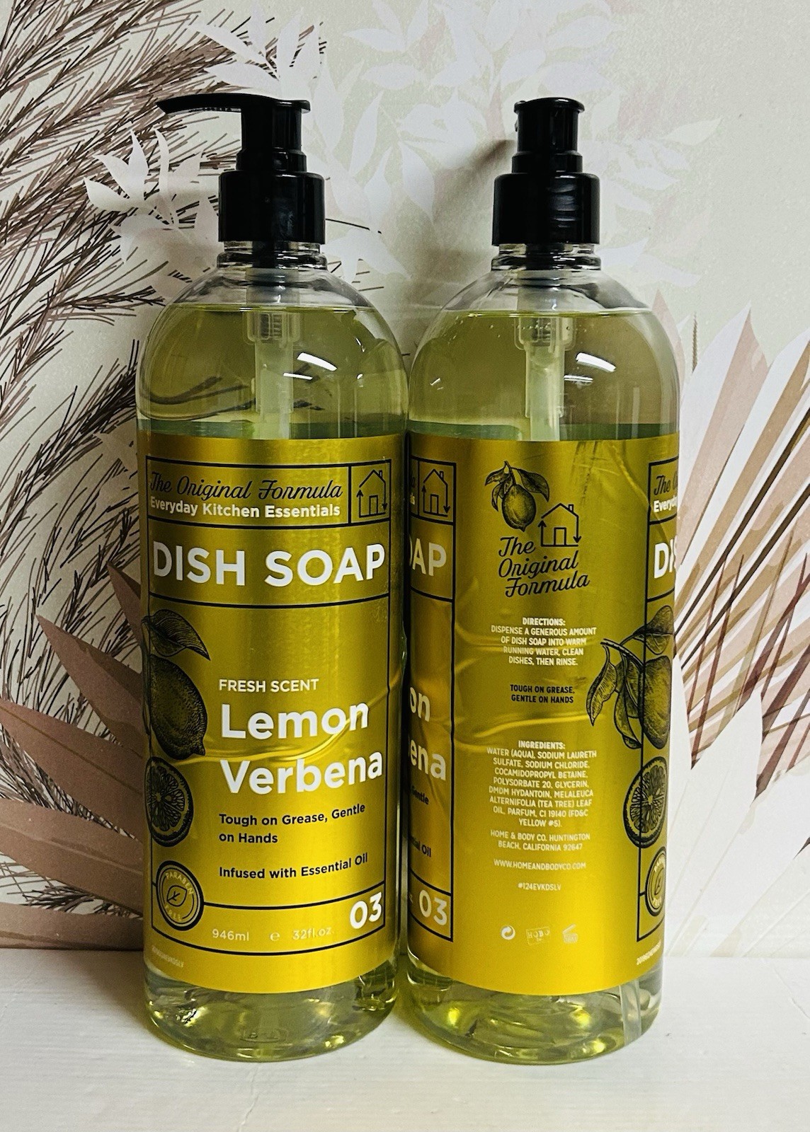 2 Bottles Lemon & Verbena Dish Soap Tough on Grease, Gentle on Hands 32 oz Each