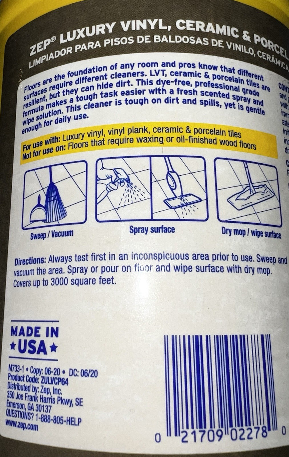 Zep Luxury Vinyl, Ceramic & Porcelain Tile Floor Cleaner 64 fl oz 2QT New Sealed