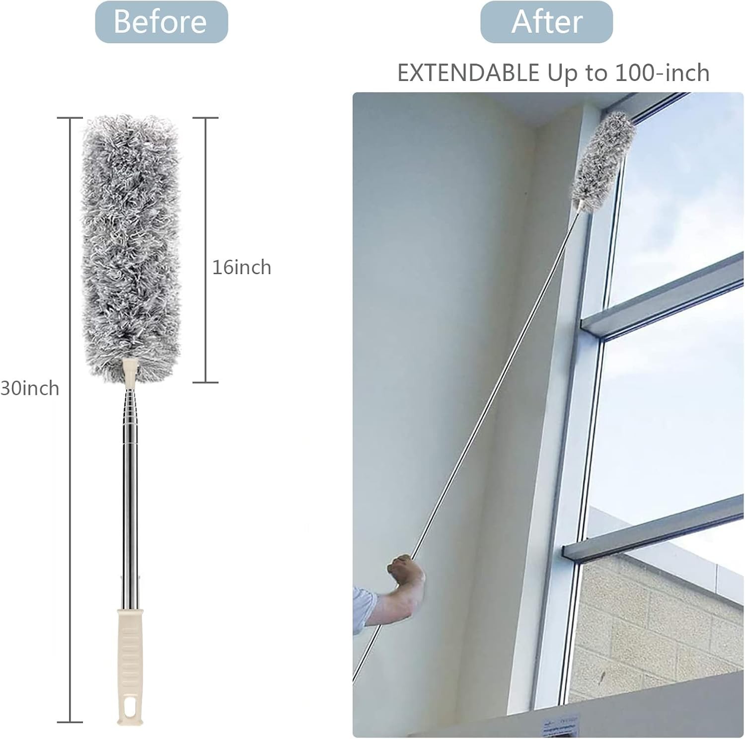 Extendable Microfiber Duster 30-100” with Bendable Head for Pristine Cleaning