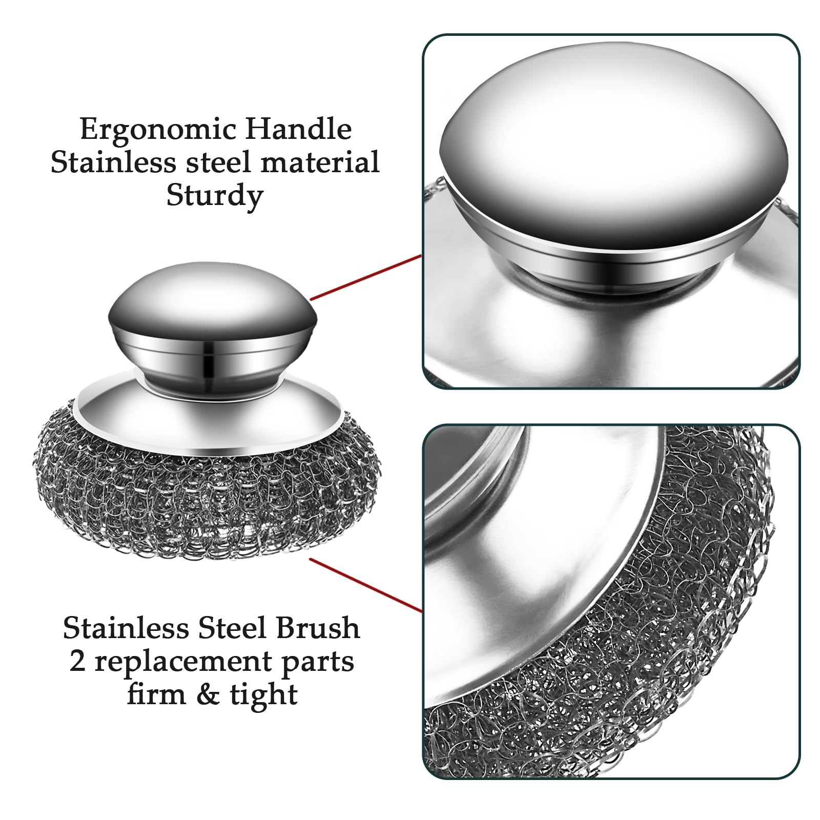 2Pcs Stainless Steel Wool Scrubber Set with Handle，2 Replacement Steel Scrubb…