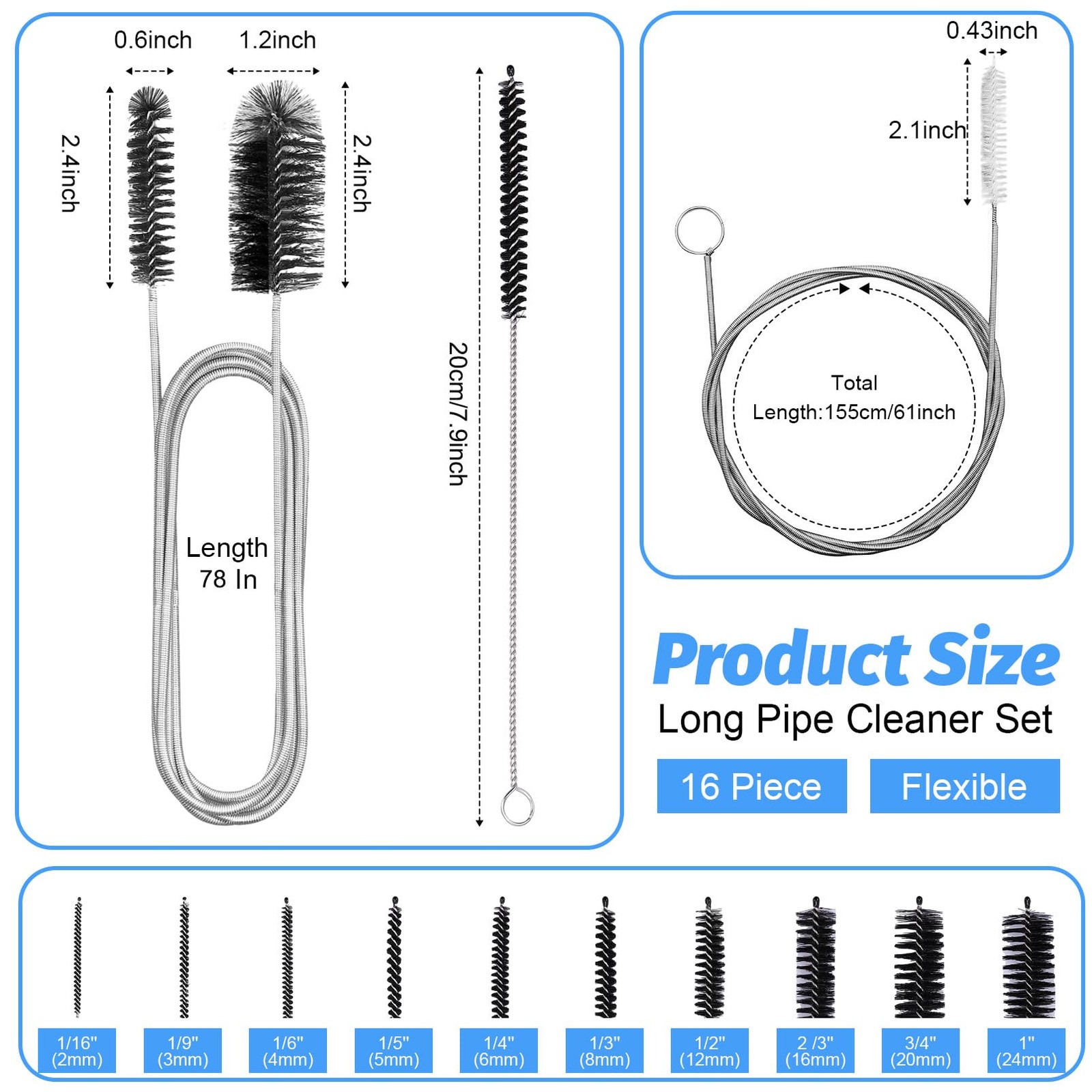 16pcs Long Tube Cleaner Set, Extra Long Hose Cleaning Brush, Pipe Cleaning Br…