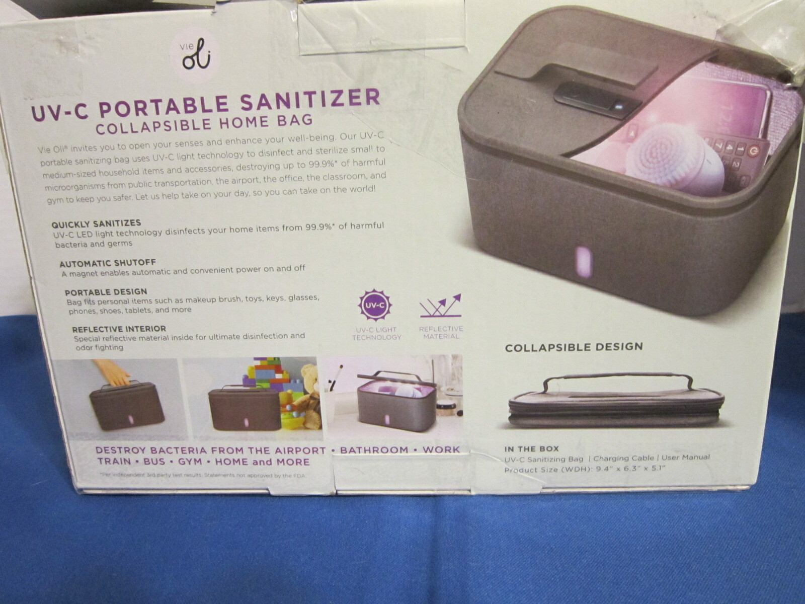 Vie Oli UV-C LED Portable Sanitizer Collapsible Travel Bag Open Box