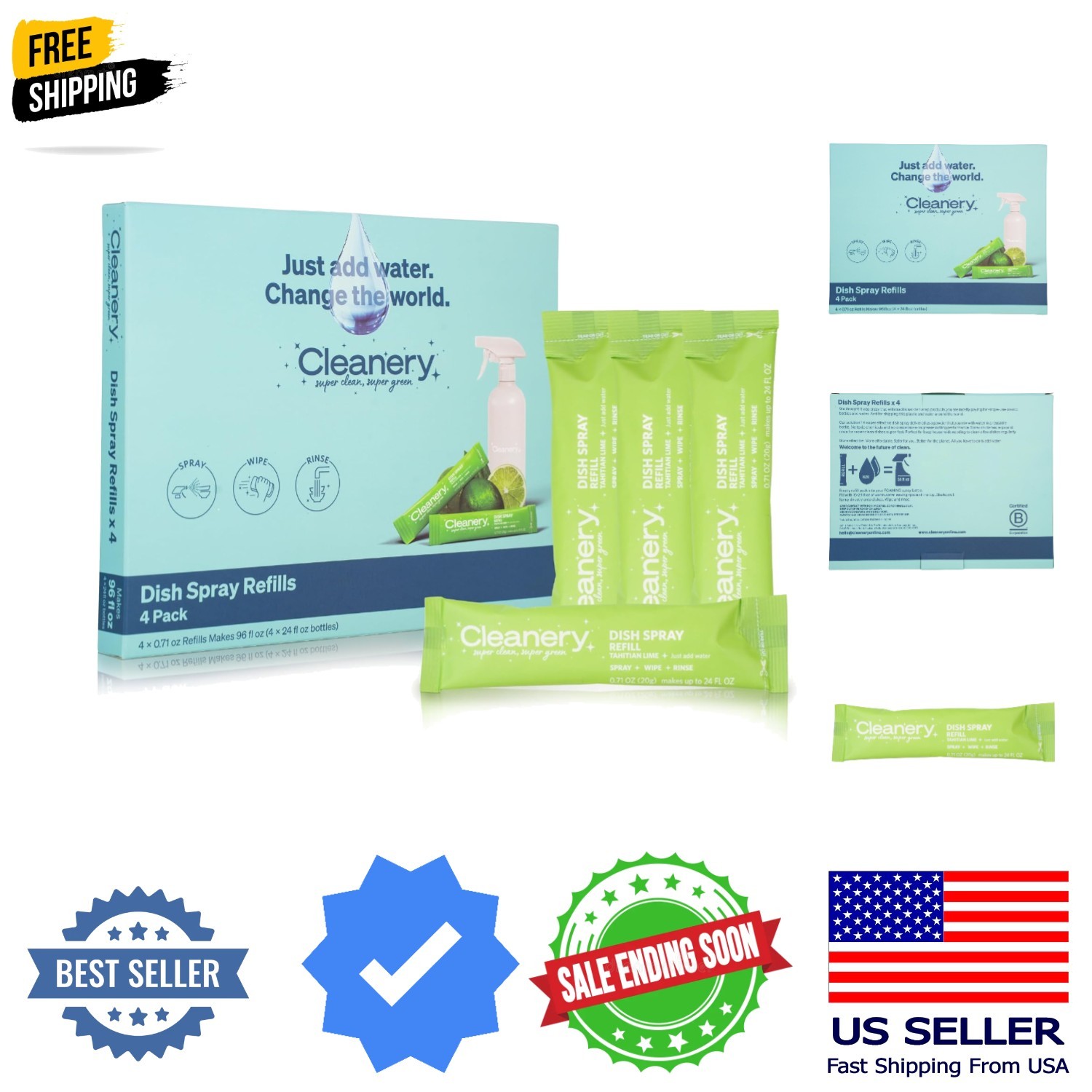 Dish Spray Cleaner Powder Concentrate Refills 4 Pack, Makes 24 fl oz Each, Ta…