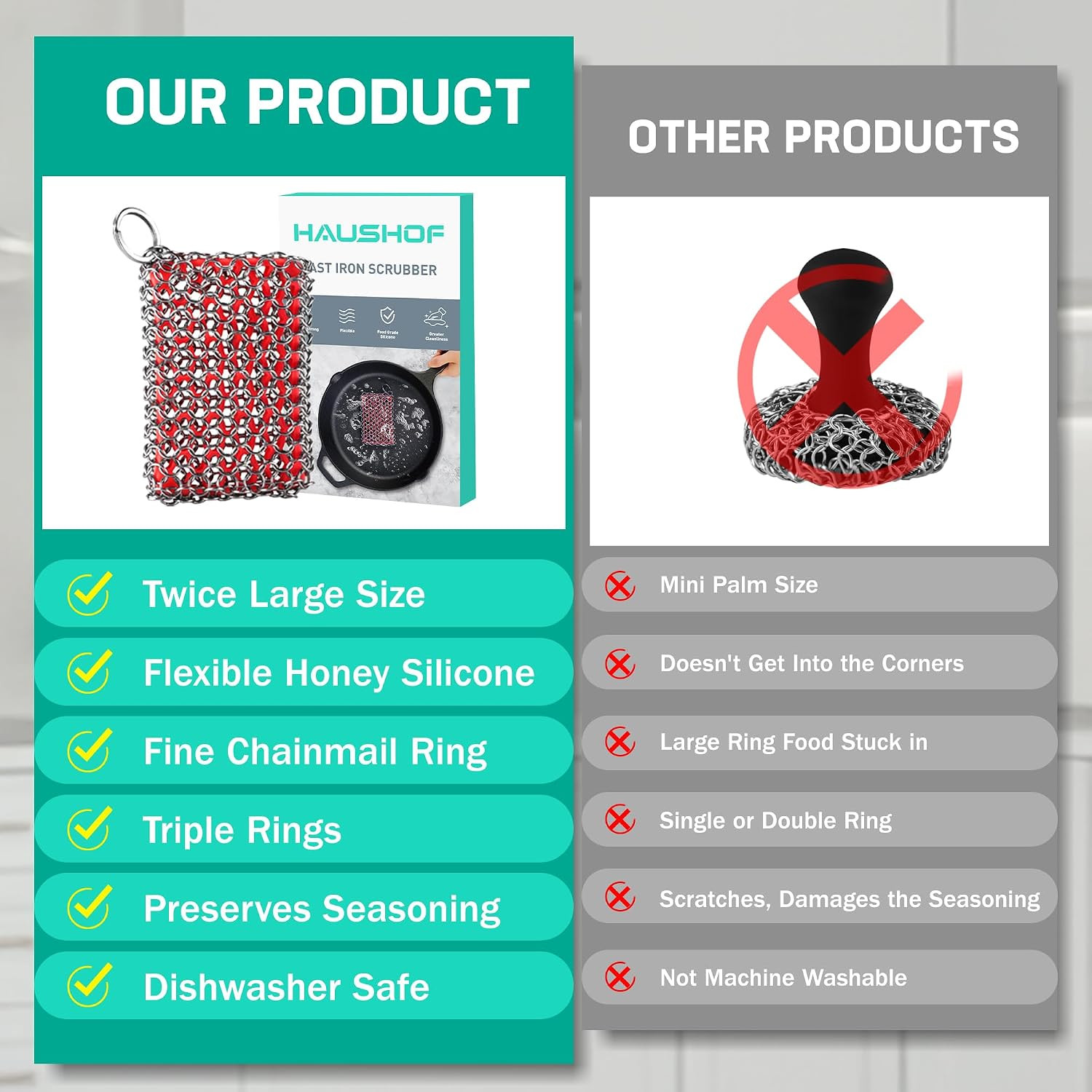 Cast Iron Chainmail Scrubber Stainless Steel Silicone Cleaner for Skillet Pan