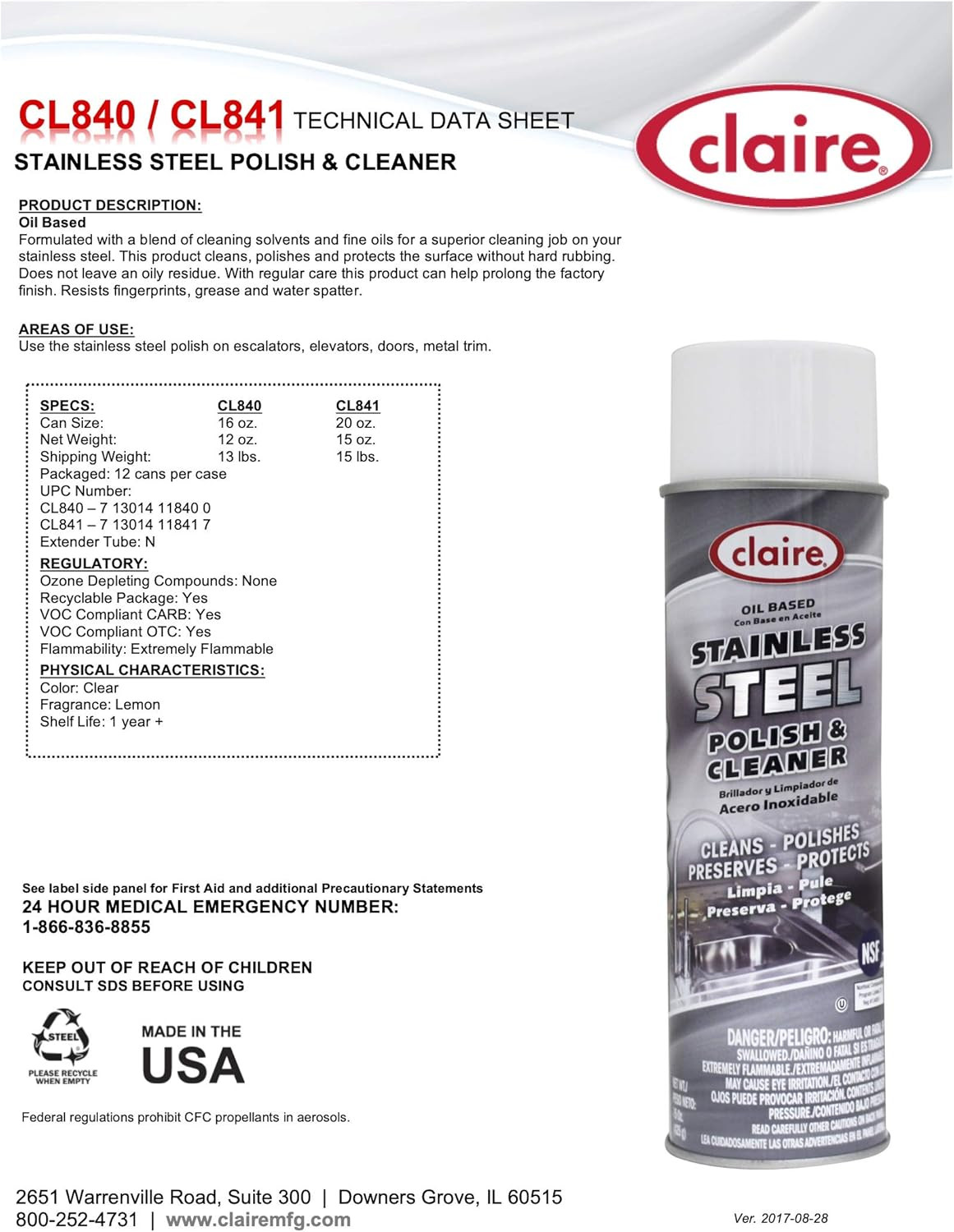 Claire Cl841-12Pk Oil Based Stainless Steel Polish & Cleaner, 15 Oz. Net Wt, 12