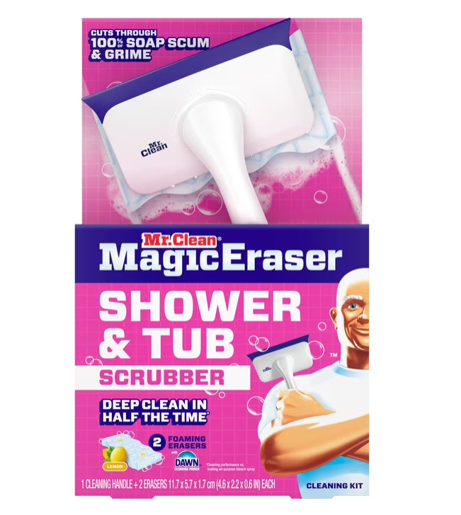 Mr. Clean Shower & Tub Scrubber, Starter Kit, 1 Scrubber & 2 Erasers