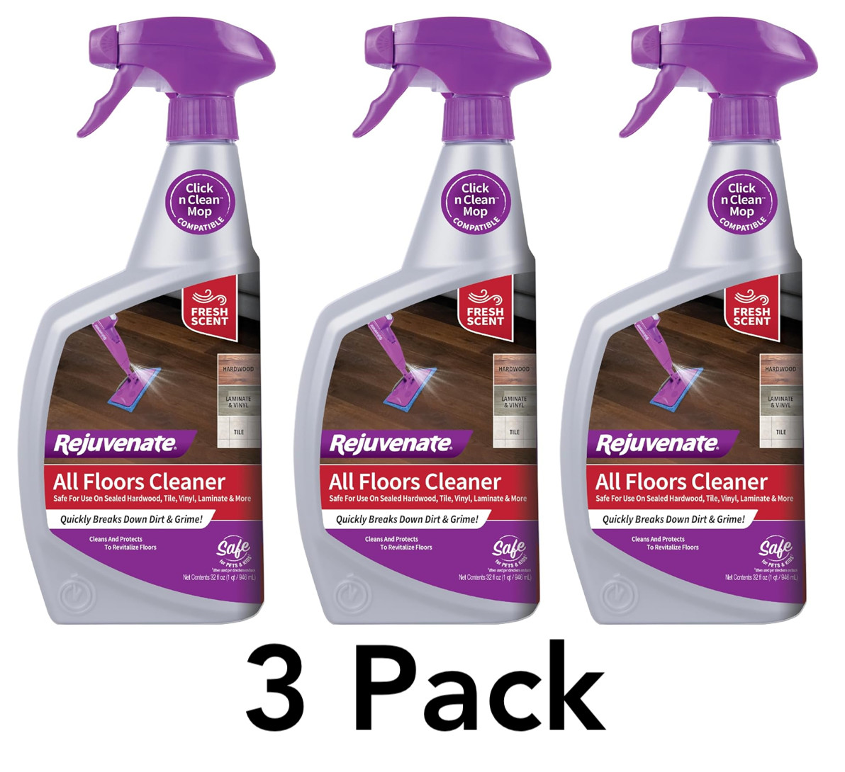 Rejuvenate All-Floors & Hardwood Cleaner 32oz No Bucket Needed – 3 Pack