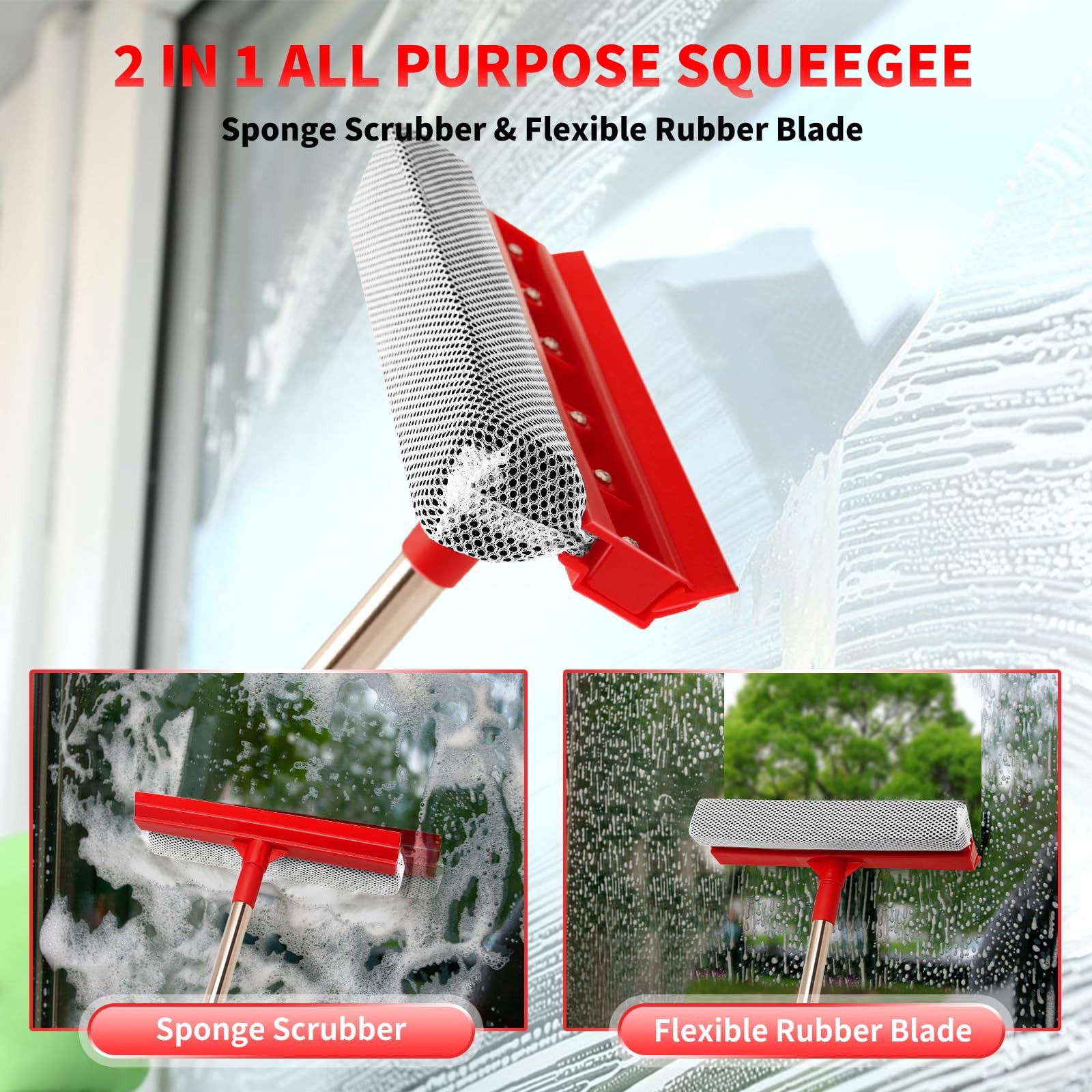 Window Squeegee Cleaner Retractable Handle 2 in 1 Sponge Rubber Blade Red