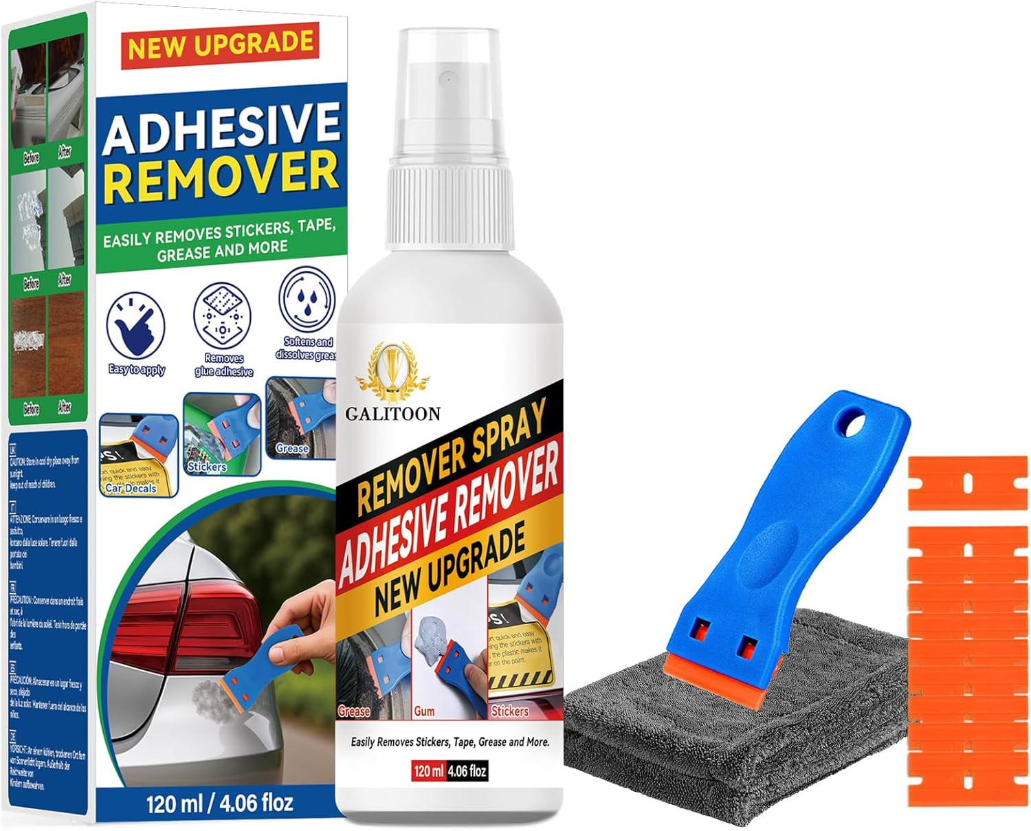 Adhesive Remover, Sticker Remover Spray with Plastic Scraper and Cleaning Cloth,