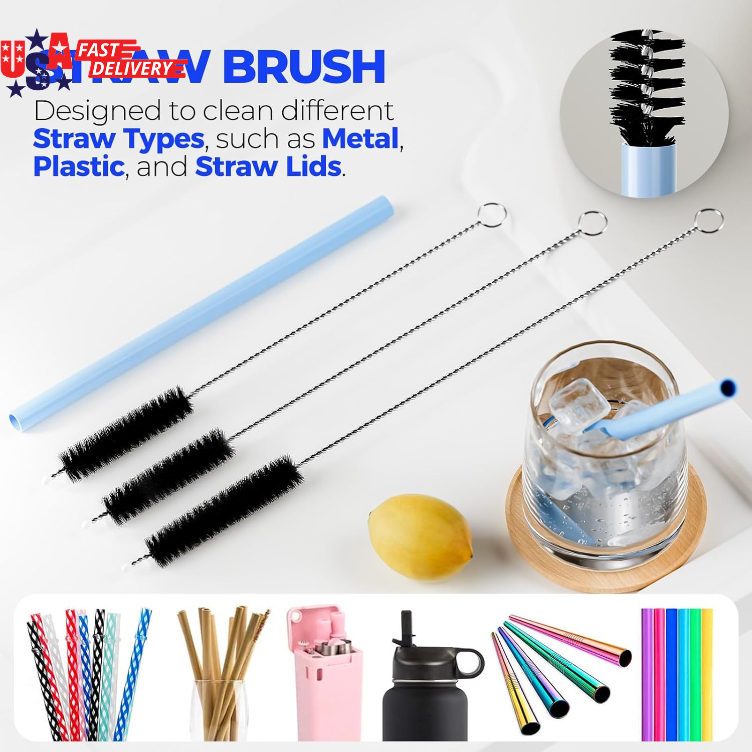 6 Pack Bottle Brush Set, 14″ Long Handle Stainless Steel Bottle Cleaner Brush, 3