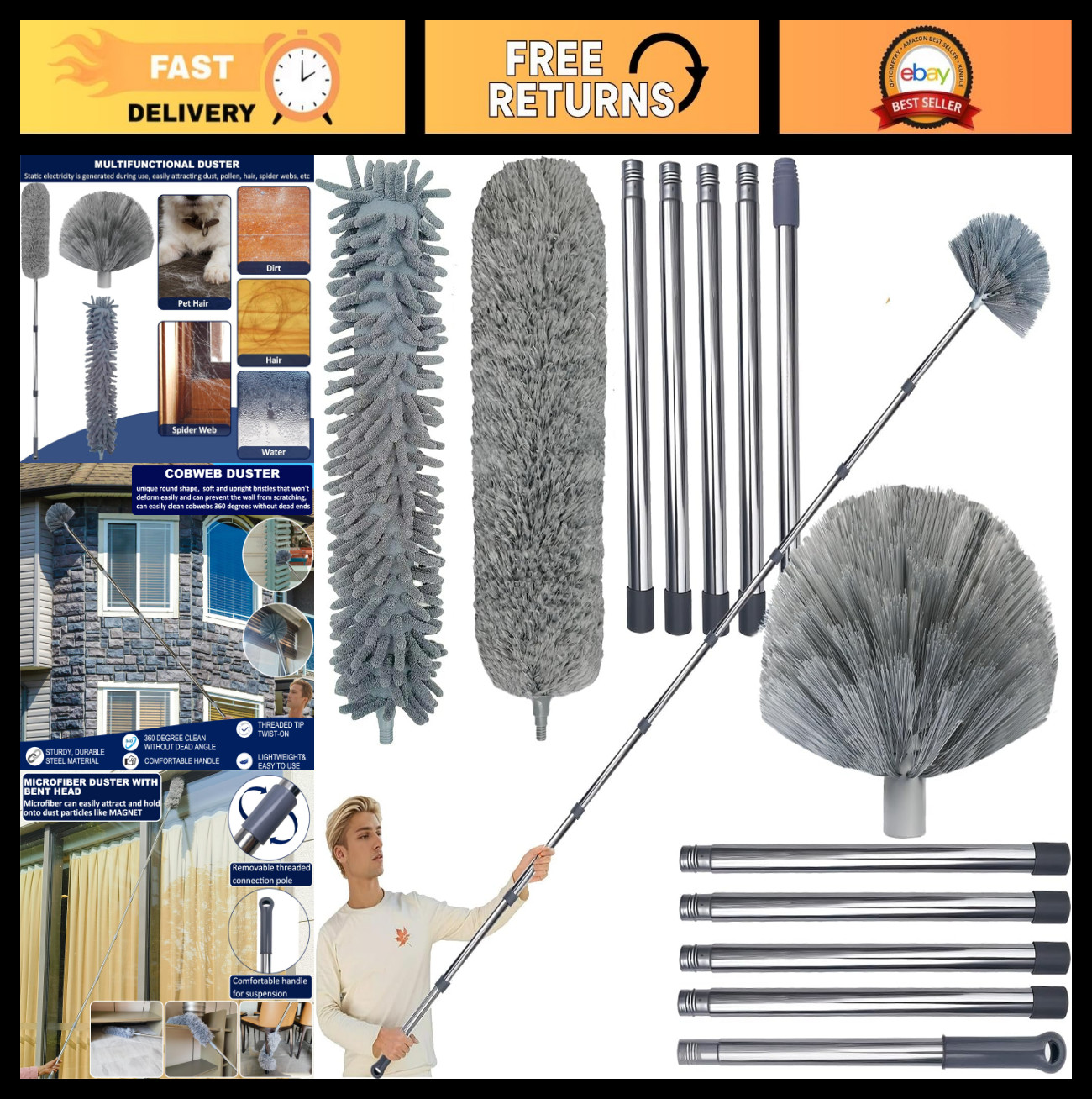 20ft High Reach Duster Kit with 3-14ft Extension Pole for Ceiling, Fan, Blinds,