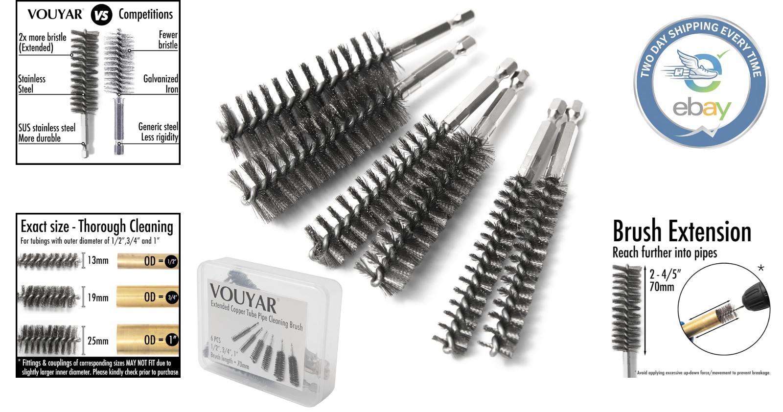Extended Length Pipe Cleaner Brushes for 1/2” 3/4” 1” Tubes – Set of 6