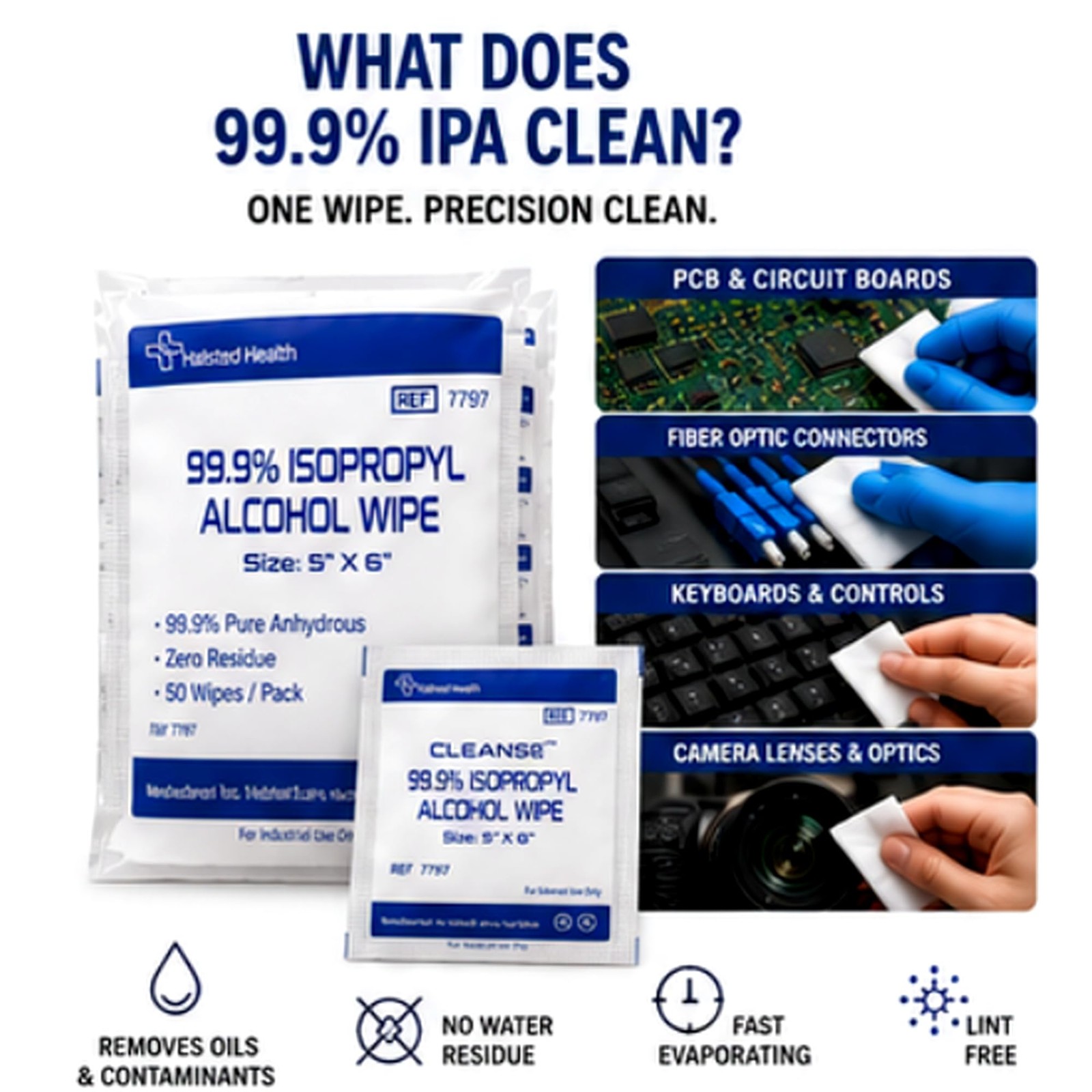 99.9% Isopropyl Alcohol Handy Wipes, 50 Counts Lint Free NonAbrasive No Water…