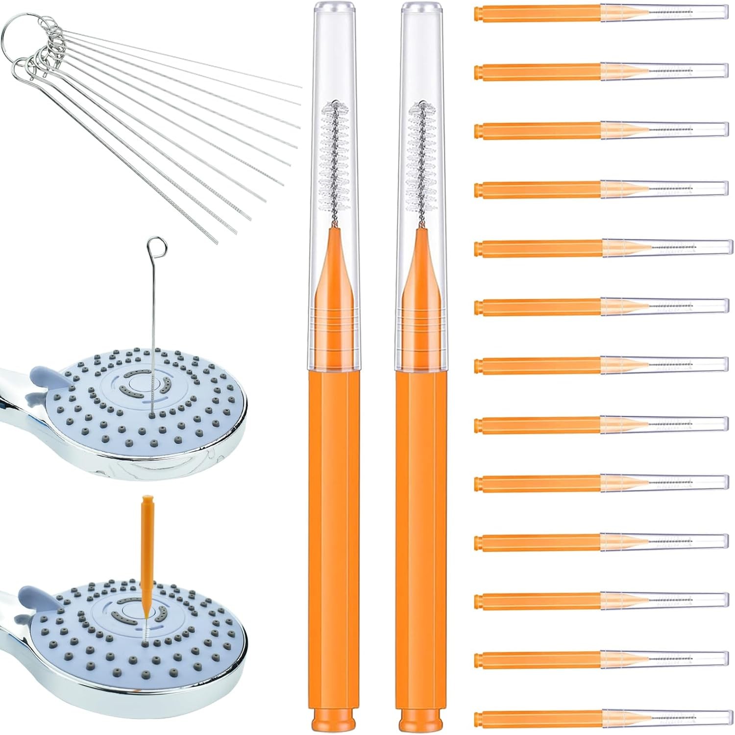 Shower Head Cleaner, 10PCS Stainless Steel Picks & 15PCS Orange Nylon Bristle Br