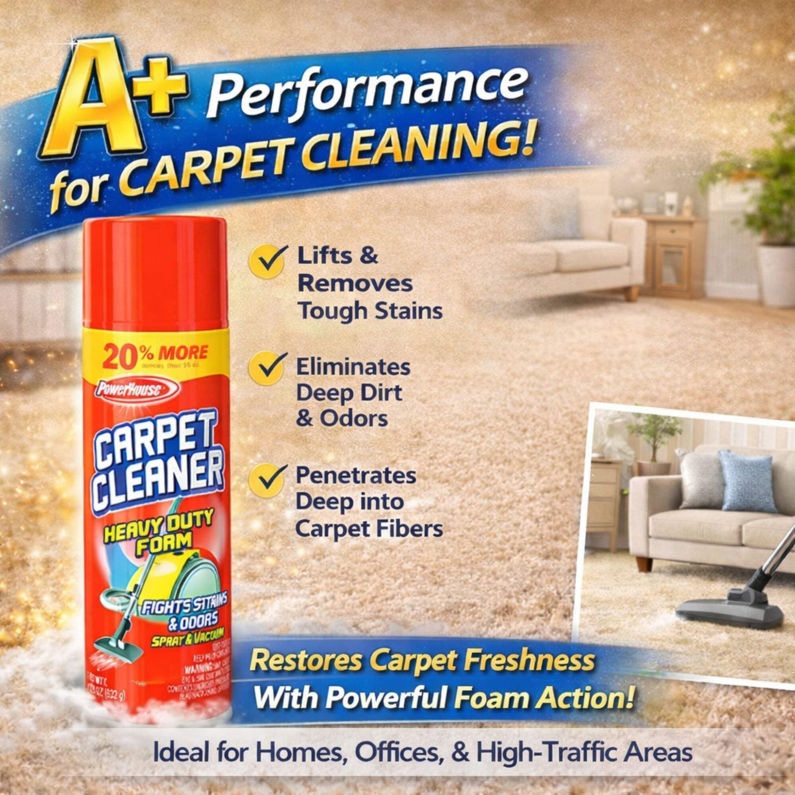 20oz Carpet Cleaner Foam: Heavy Duty Stain Odor Removal Spray PowerHouse