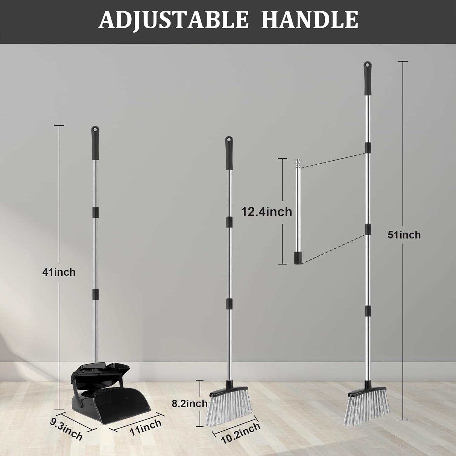 Broom and Dustpan Set, Long Handle Broom with Dustpan bo Set, Windproof