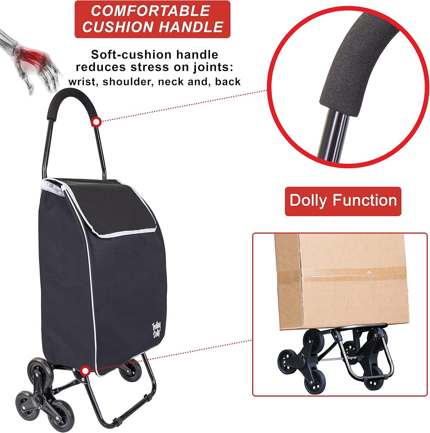 Trolley Dolly Black Foldable Shopping cart for Groceries w/Wheels &Removable Bag