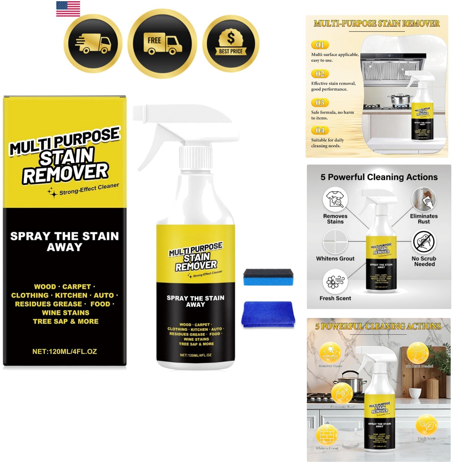 Multi-Purpose Stain Remover, A Powerful Cleaner，Quick Cleaning for Kitchens, …