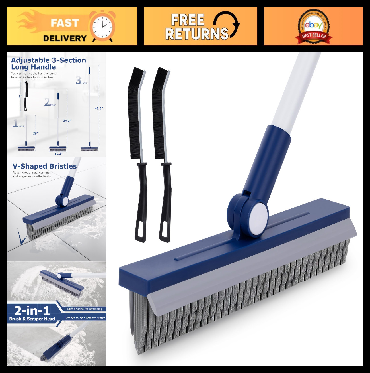 Long Handle Grout Brush – Stiff Bristles for Tile Floors, Shower, Kitchen & Bath