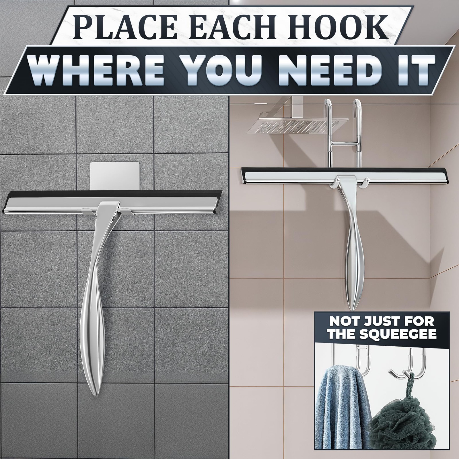 12″ Stainless Steel Shower Door Squeegee – Streak-Free Glass Cleaner with Hooks
